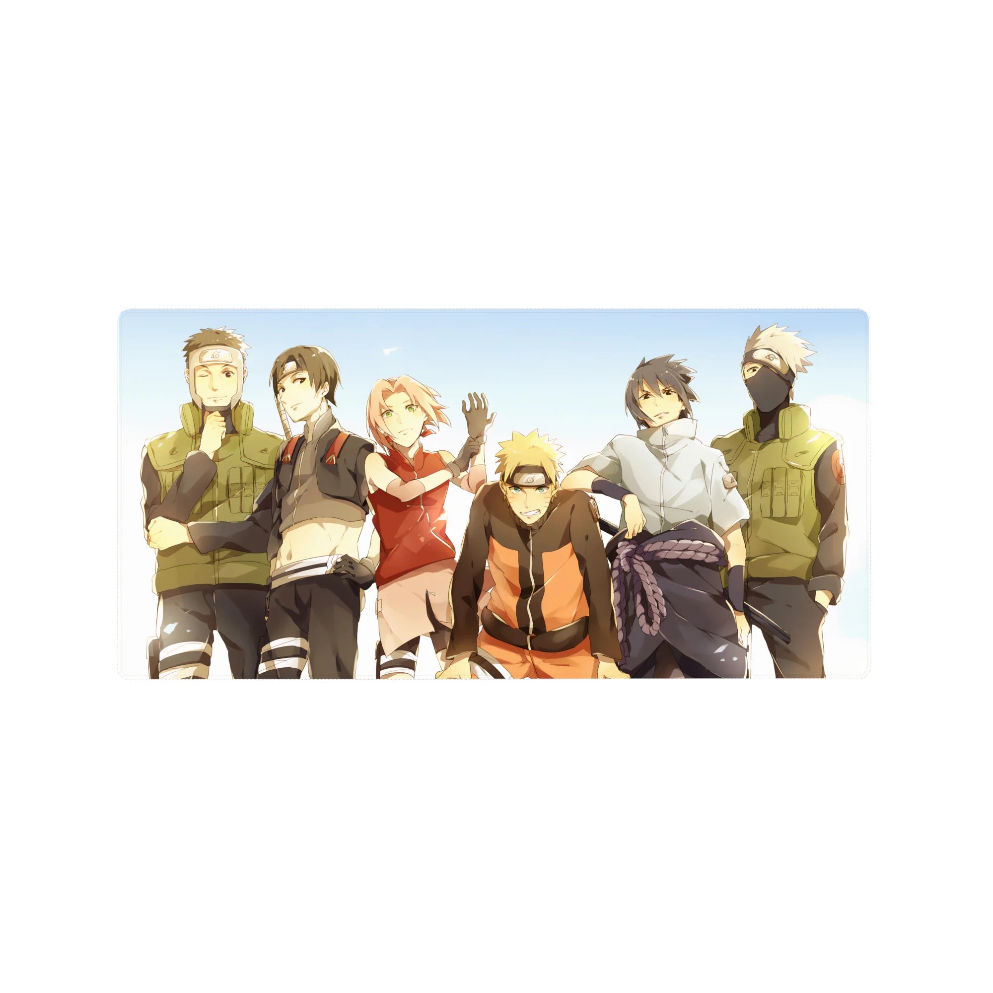 Naruto Team 7 group desk mat mouse pad 32x16 inches with Kakashi, Iruka, Sai under blue sky.