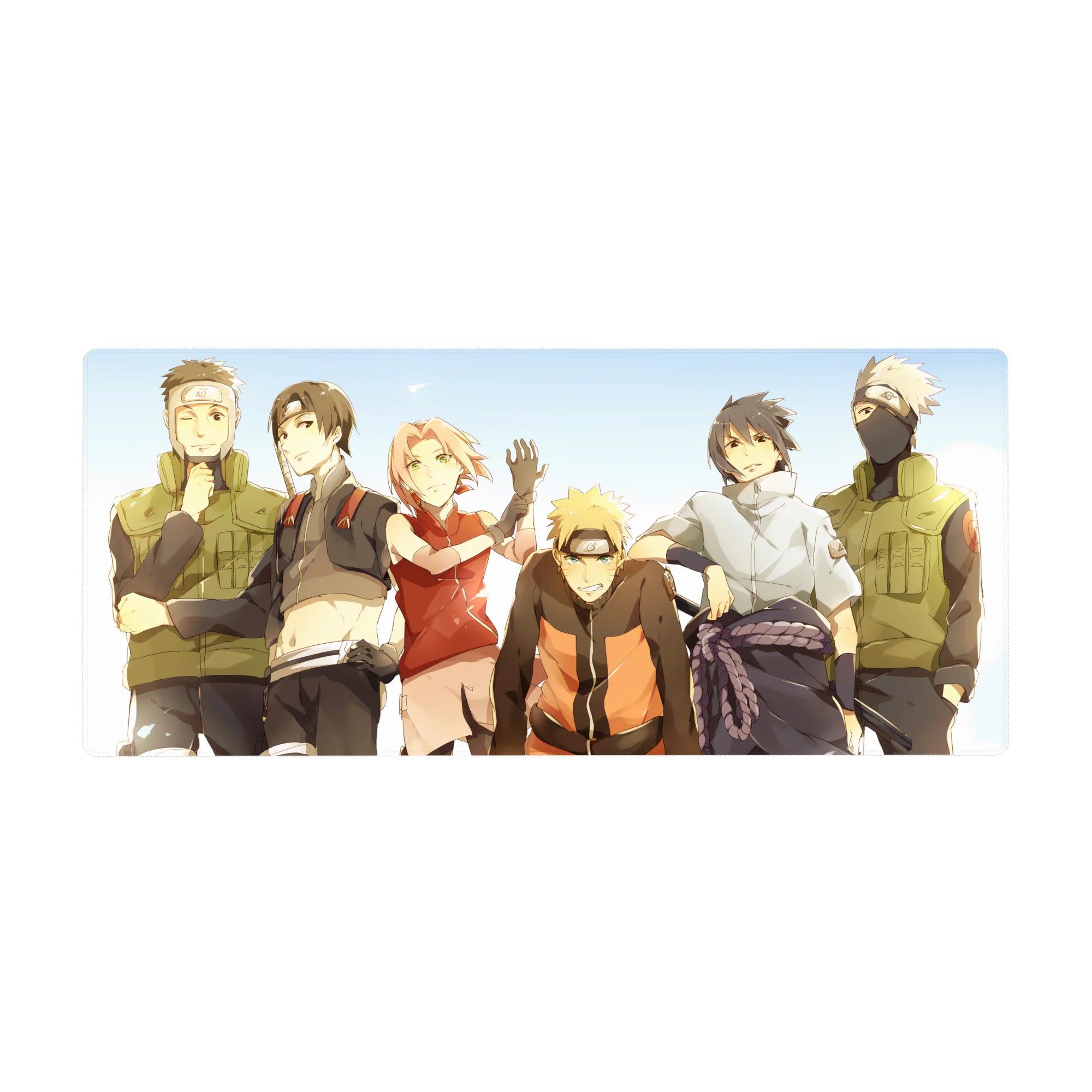 36x16 inches anime desk pad with Team 7 group scene under blue sky, crisp lines and gradients.