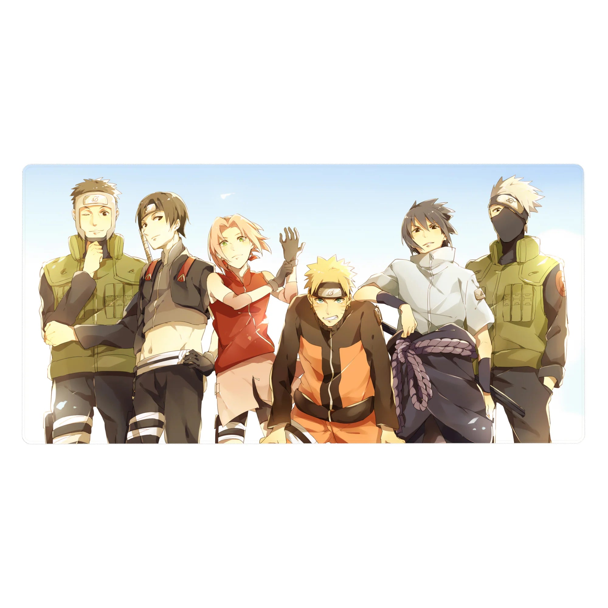 Naruto Team 7 anime desk pad 40x20 inches with Kakashi, Iruka, and Sai under a blue sky.