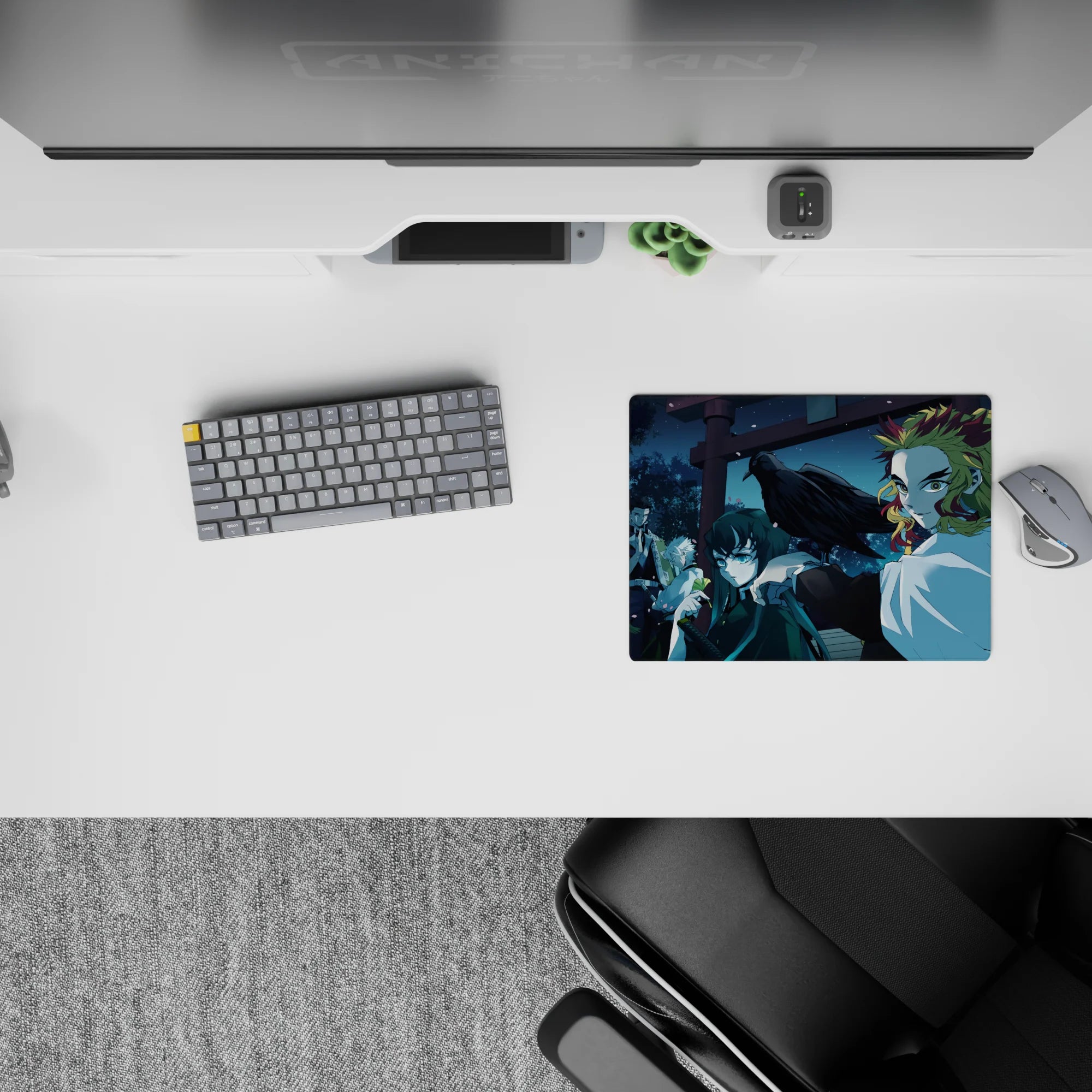 Classic 14x10 inch anime mouse pad featuring Hashira under moonlit sky, with Rengoku and Shinobu in serene blue hues.