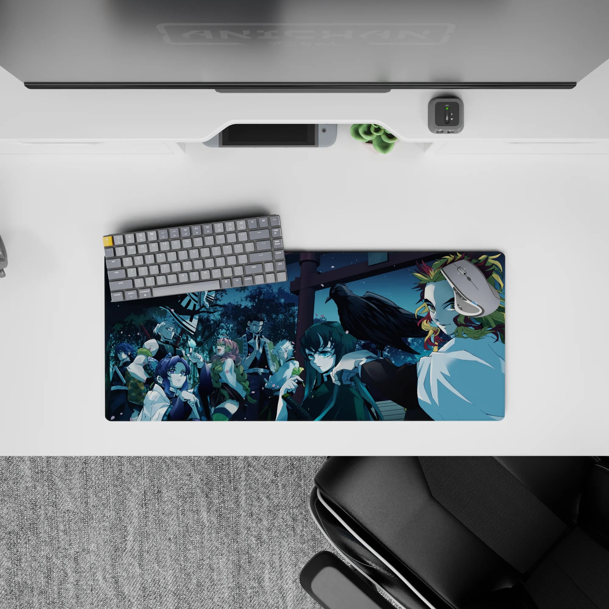 Anime mouse pad 28x12 inches featuring Hashira lineup under moonlit canopy, with Rengoku and Shinobu in blue hues.