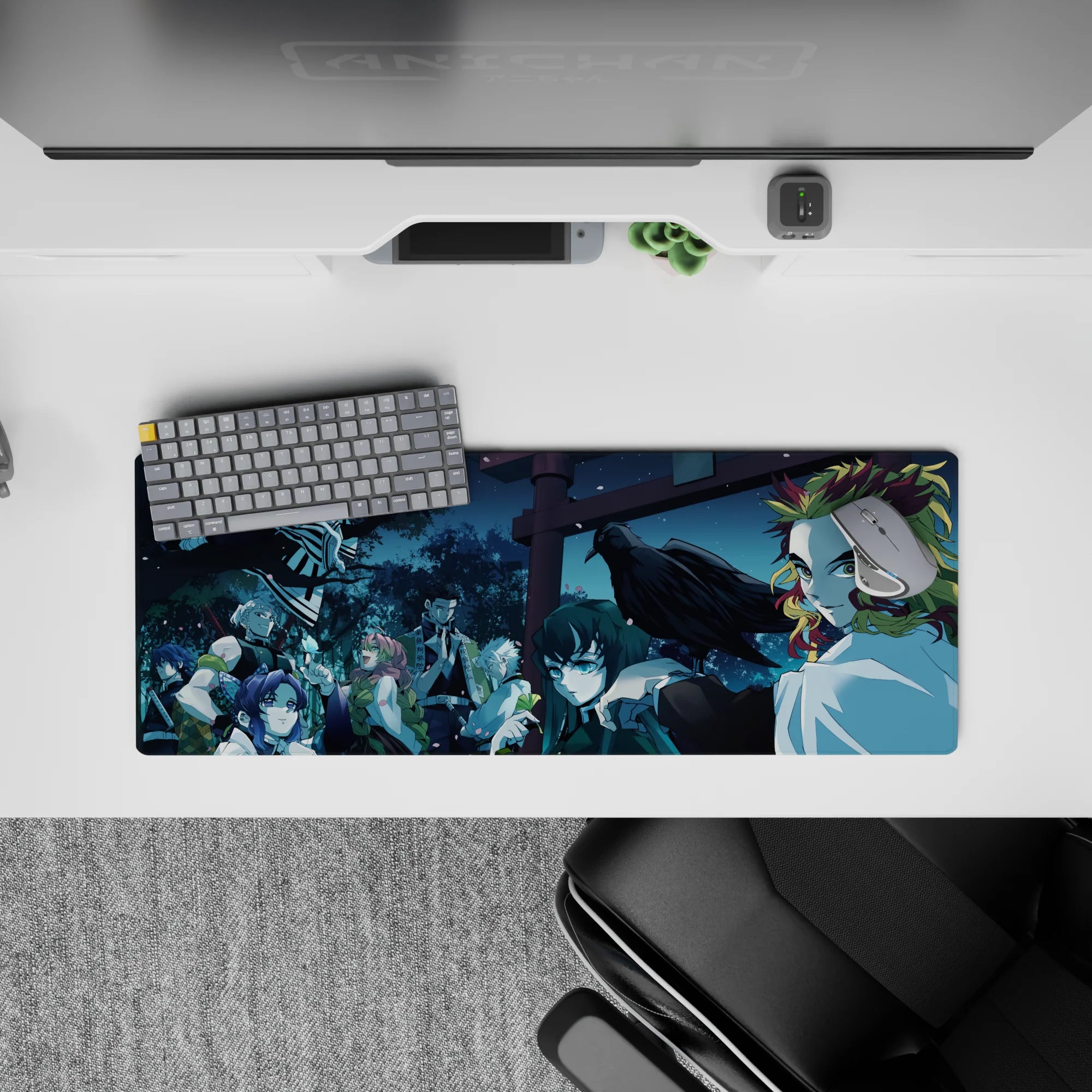 Anime mouse pad featuring 32x12 inches of Hashira from Demon Slayer, showcasing Rengoku and Shinobu under a moonlit sky.