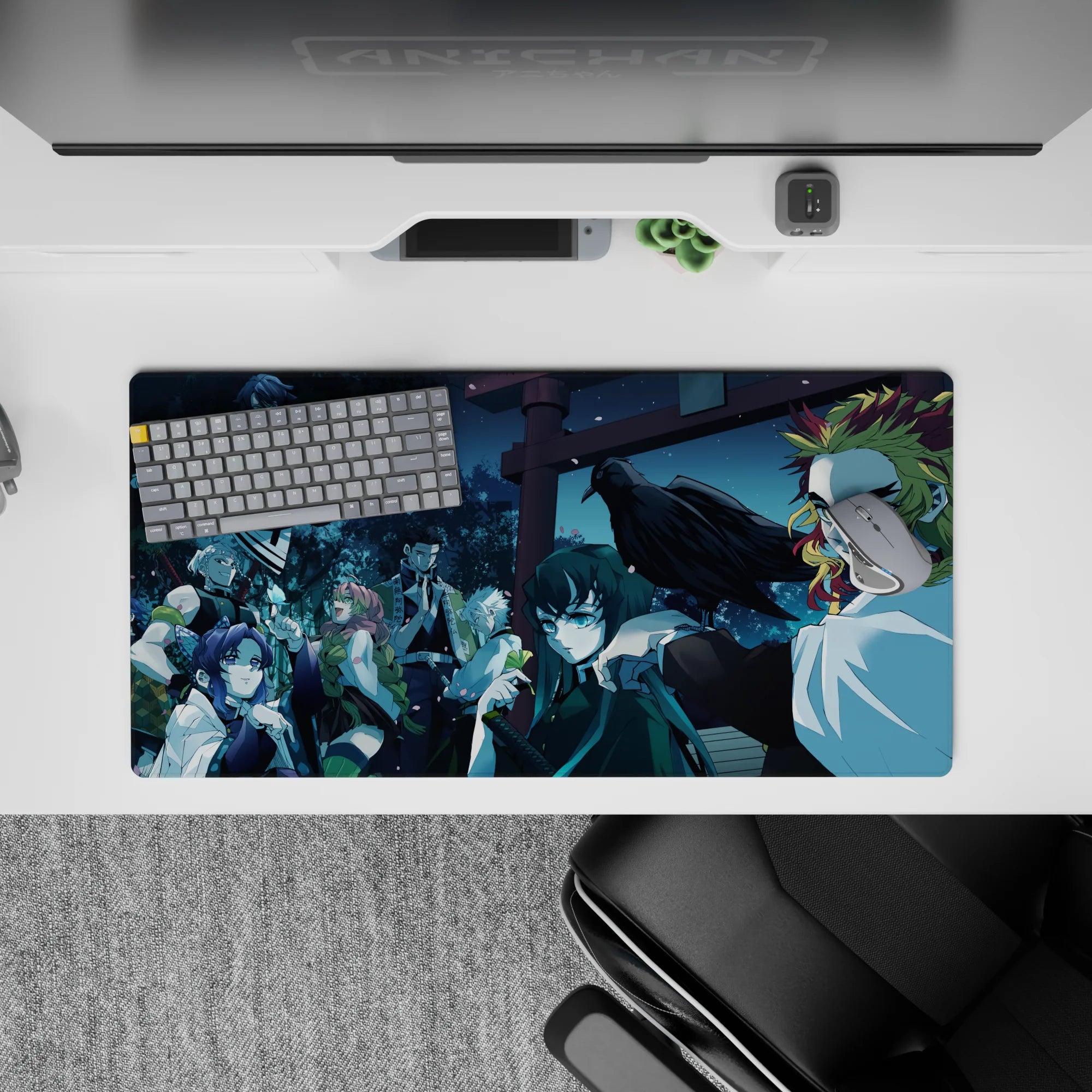 Anime mouse pad, 32x16 inches, featuring Hashira lineup under moonlit sky with Rengoku and Shinobu amidst cherry blossoms.