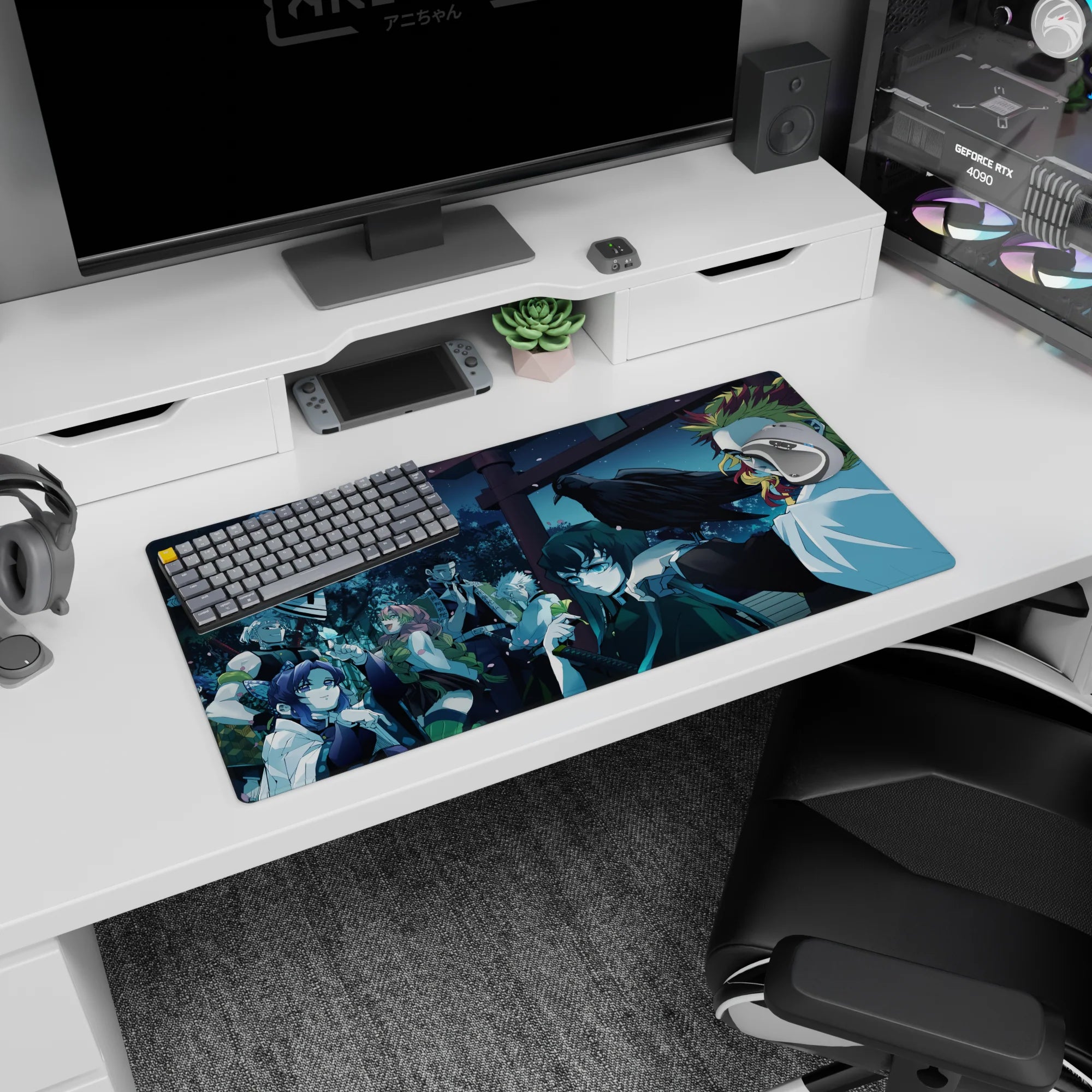 Mouse pad featuring Hashira from Demon Slayer under moonlit sky, 32x16 inches, with Rengoku and Shinobu amidst cherry blossoms.