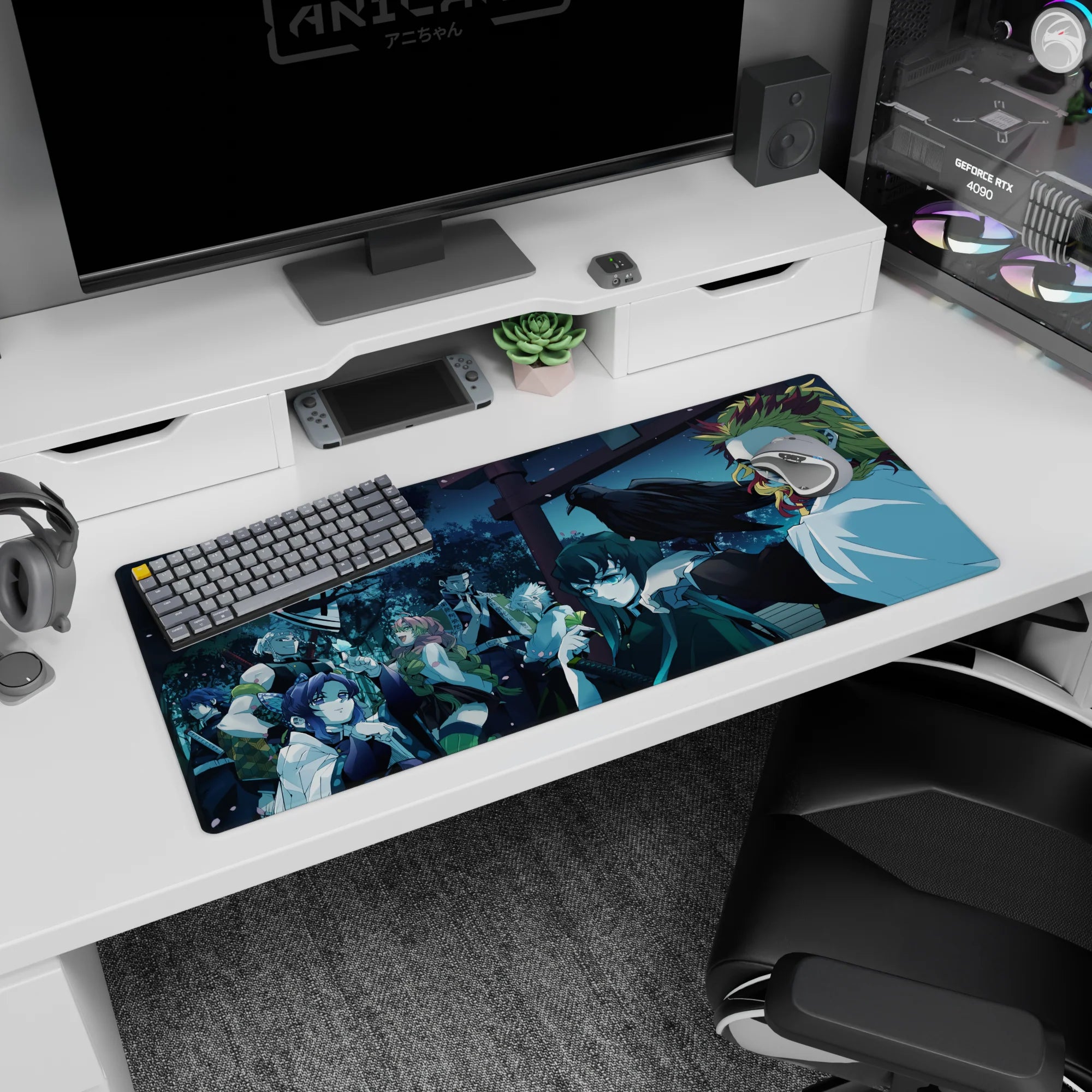 Anime desk pad 36x16 inches featuring Hashira from Demon Slayer under moonlit sky; Rengoku's gaze, Shinobu's smile, cherry blossoms.