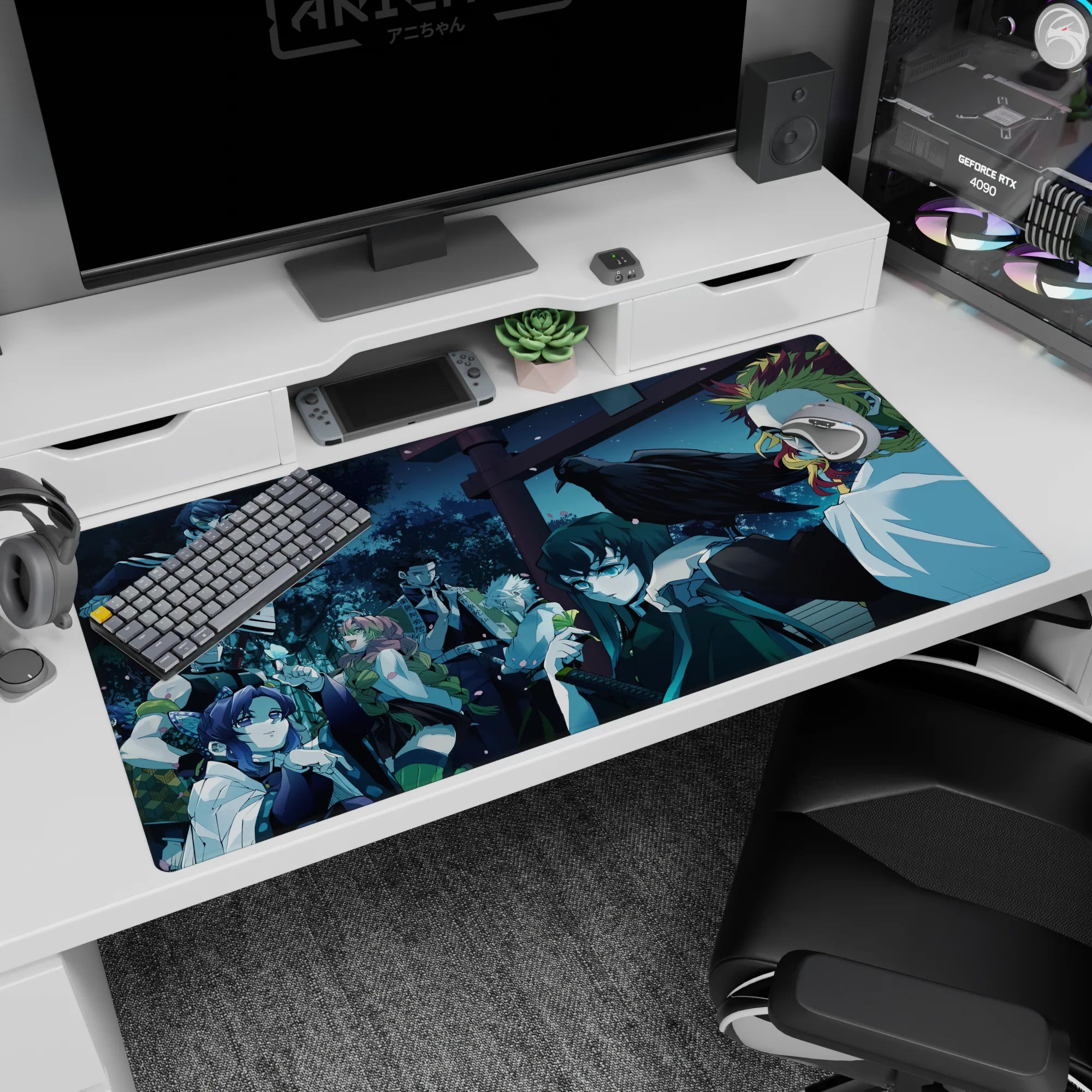 Anime desk pad featuring Hashira from Demon Slayer, size 40x20 inches, showcasing Rengoku, Shinobu under cherry blossoms.