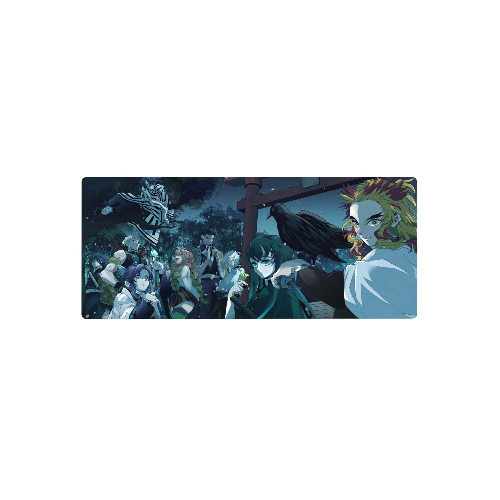 Anime mouse pad 28x12 inches featuring Hashira under moonlit canopy; includes Rengoku, Shinobu with cherry blossoms.