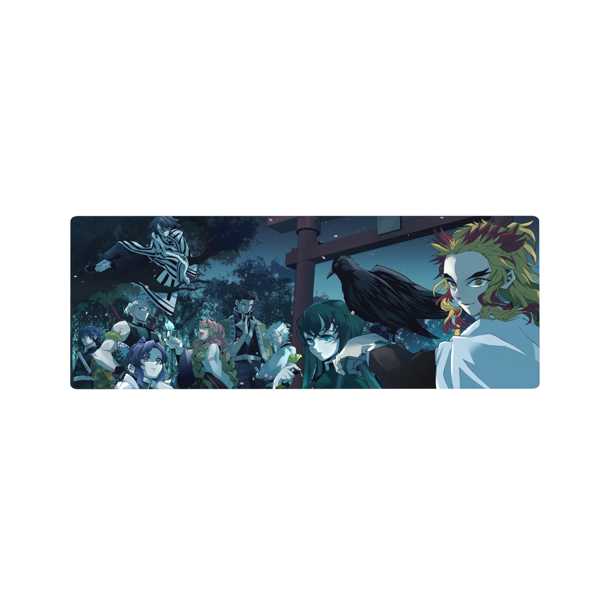 Anime mouse pad 32x12 inches featuring Hashira lineup under moonlit canopy with Rengoku and Shinobu in blue hues.