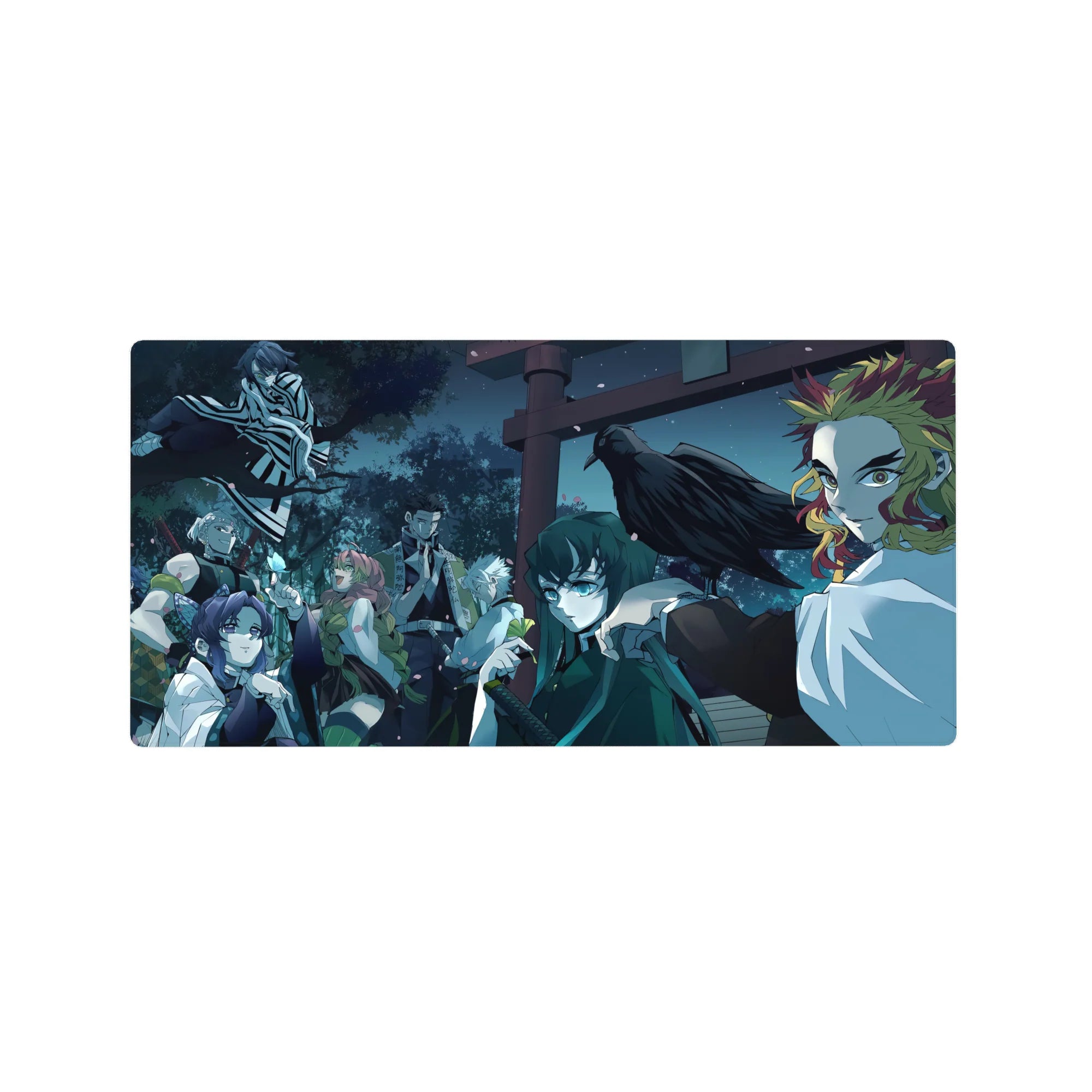 Anime mouse pad 32x16 inches featuring Hashira lineup under moonlit canopy; Rengoku, Shinobu in serene blue tones.