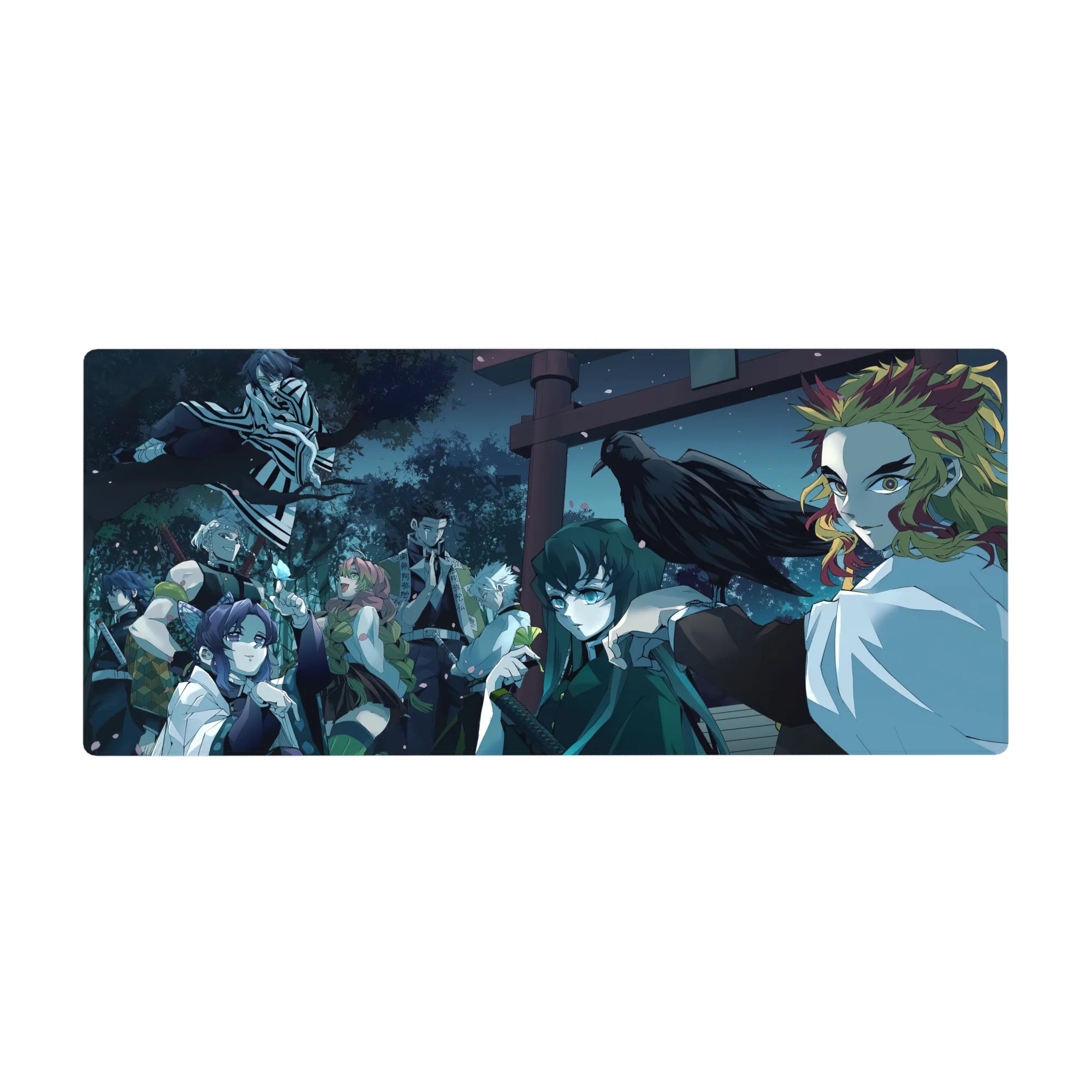 Anime desk pad 36x16 inches featuring Hashira from Demon Slayer under a moonlit canopy with Rengoku and Shinobu.
