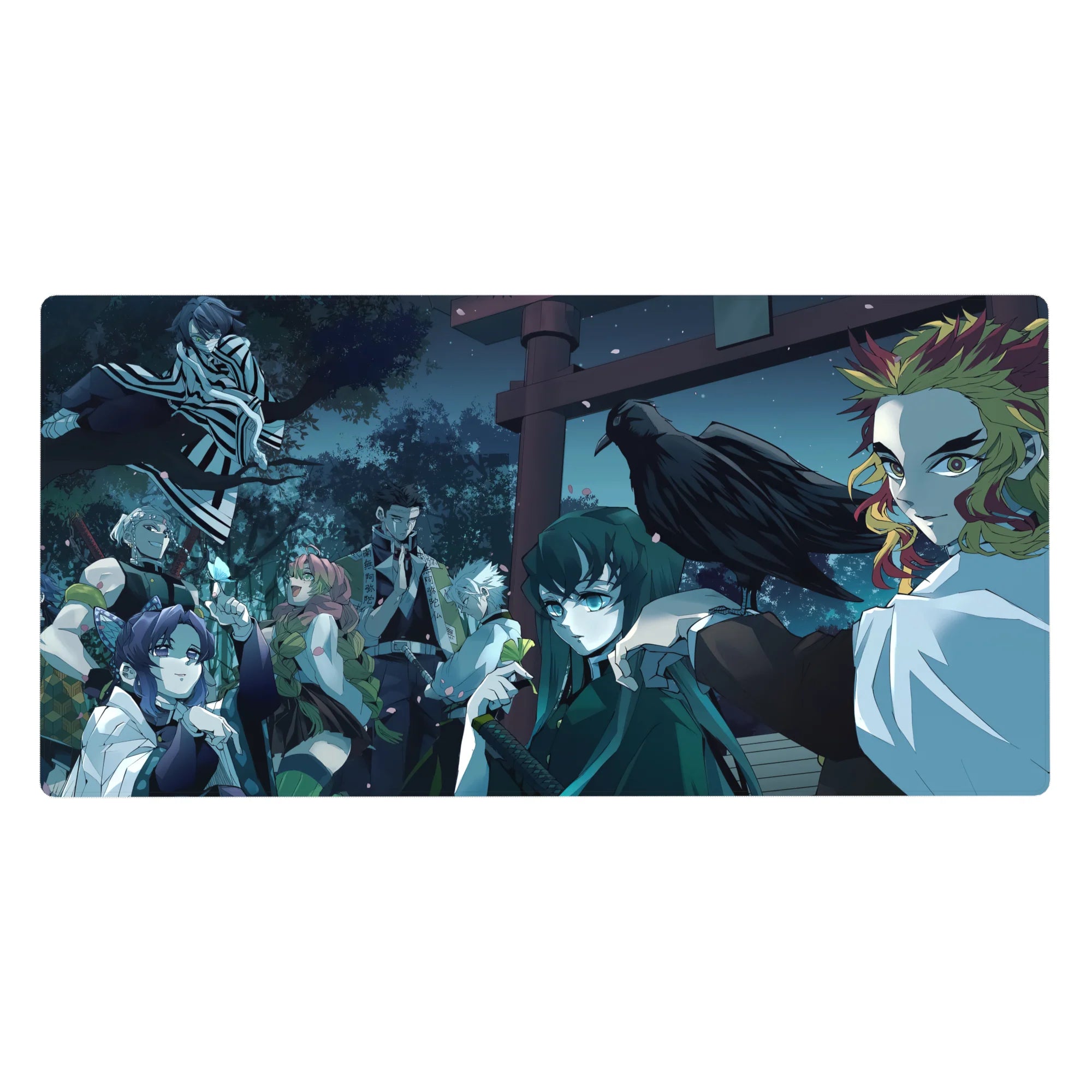 Hashira lineup desk pad, 40x20 inches, featuring Rengoku and Shinobu under a moonlit sky with cherry blossoms.