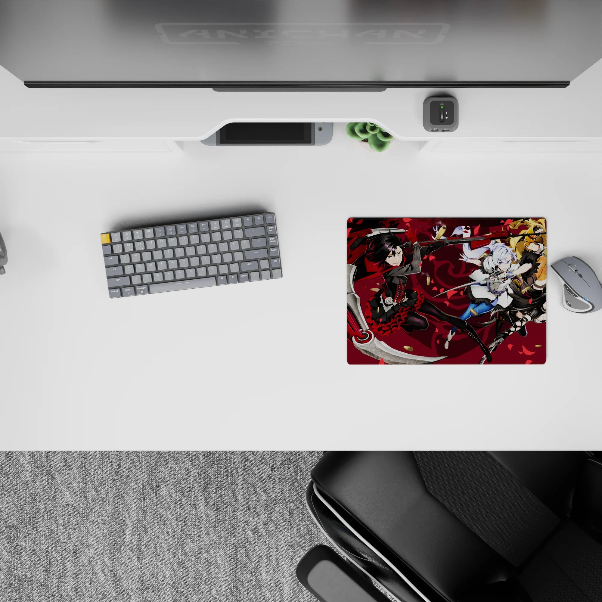 14x10 inches anime mouse pad in deep wine, black and red, with crimson petals and confetti-like casings.