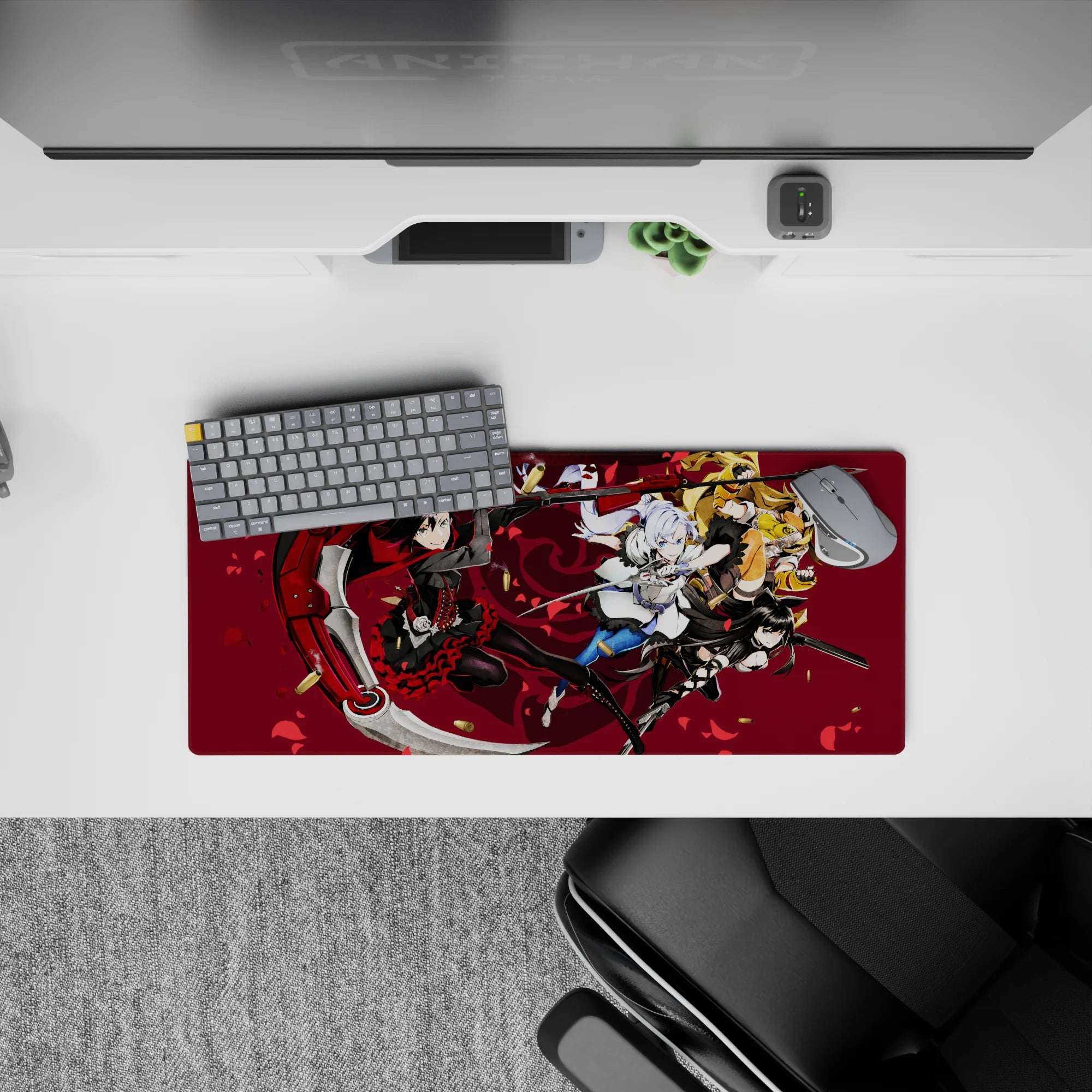 28x12 inches anime girl mouse pad in deep wine, crimson petals, black-red frills, and flying shell casings.
