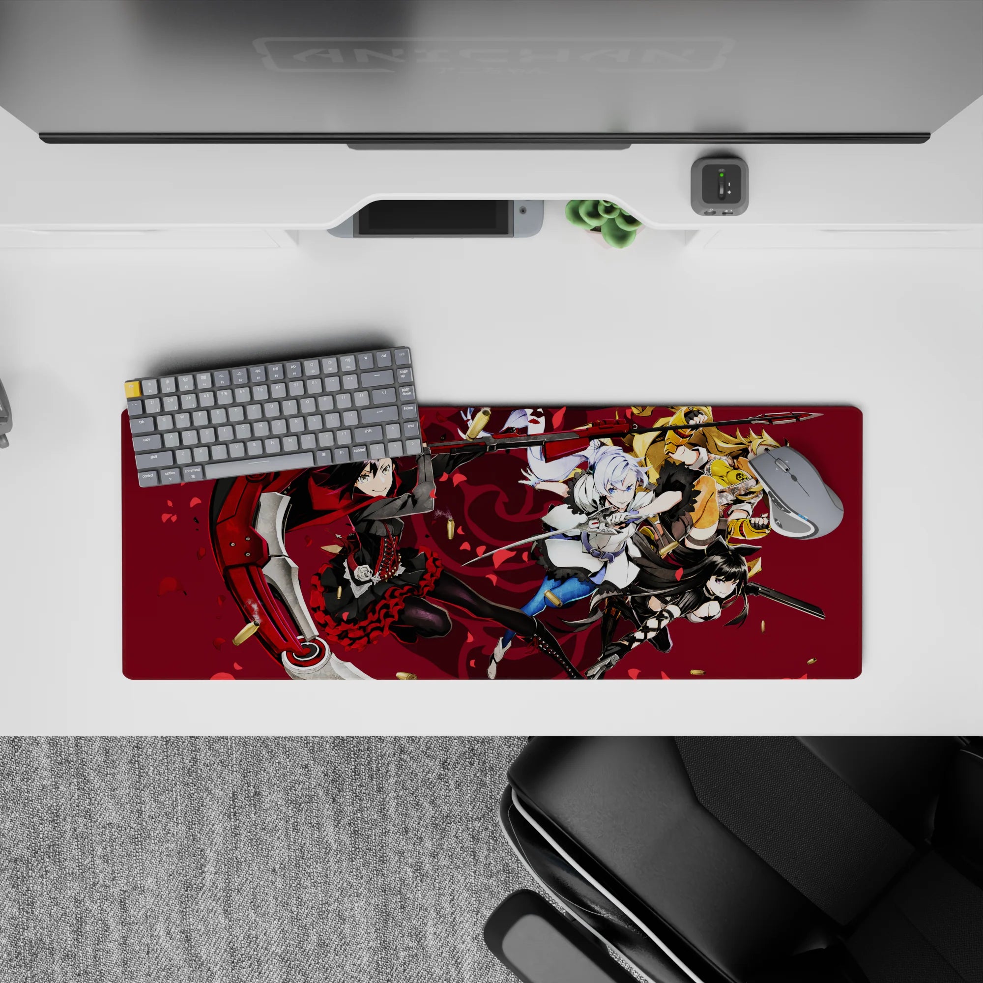 32x12 inches anime desk mouse pad in deep wine, crimson petals, black-red frills, loud battle vibe.