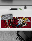 32x12 inches anime desk mouse pad in deep wine, crimson petals, black-red frills, loud battle vibe.