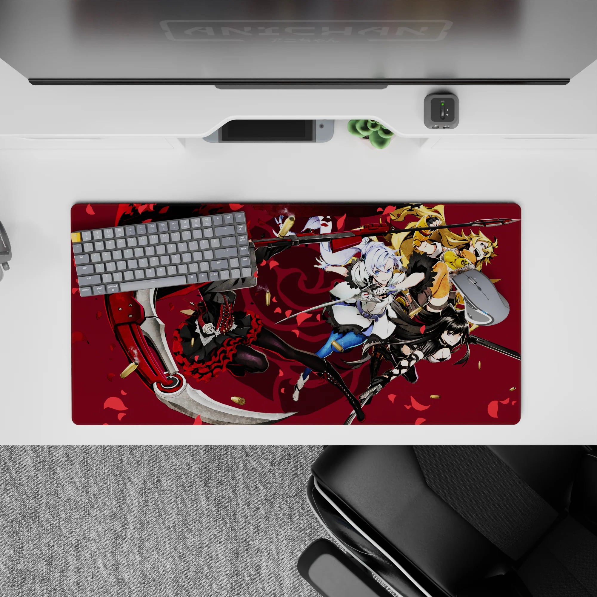 32x16 inches anime mouse pad in bold red, black, white, and blue with loud, fast battle energy and petals.