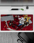 32x16 inches anime mouse pad in bold red, black, white, and blue with loud, fast battle energy and petals.