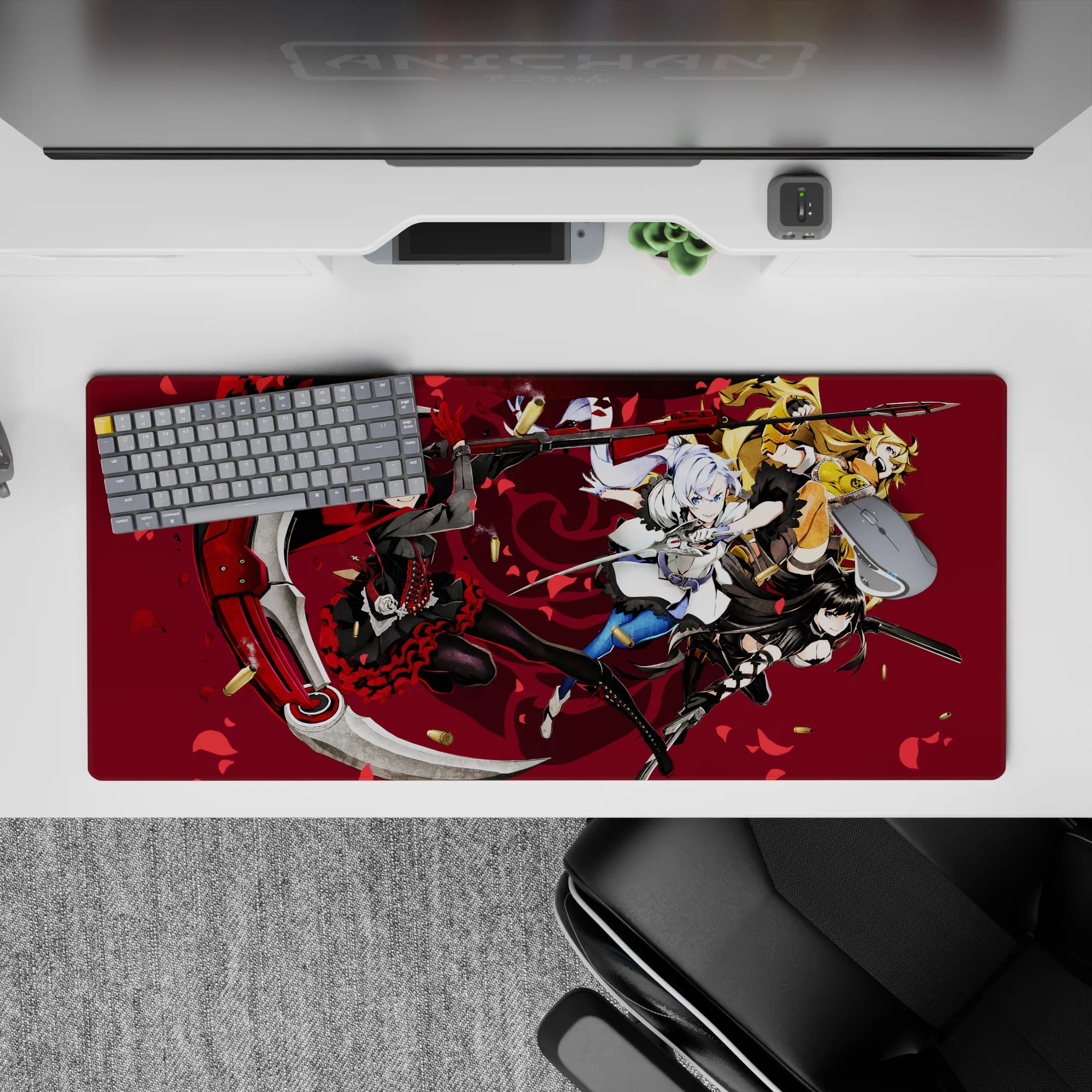 36x16 inches anime desk mat in deep wine, black and red petals, loud fast action vibe with shell casings.
