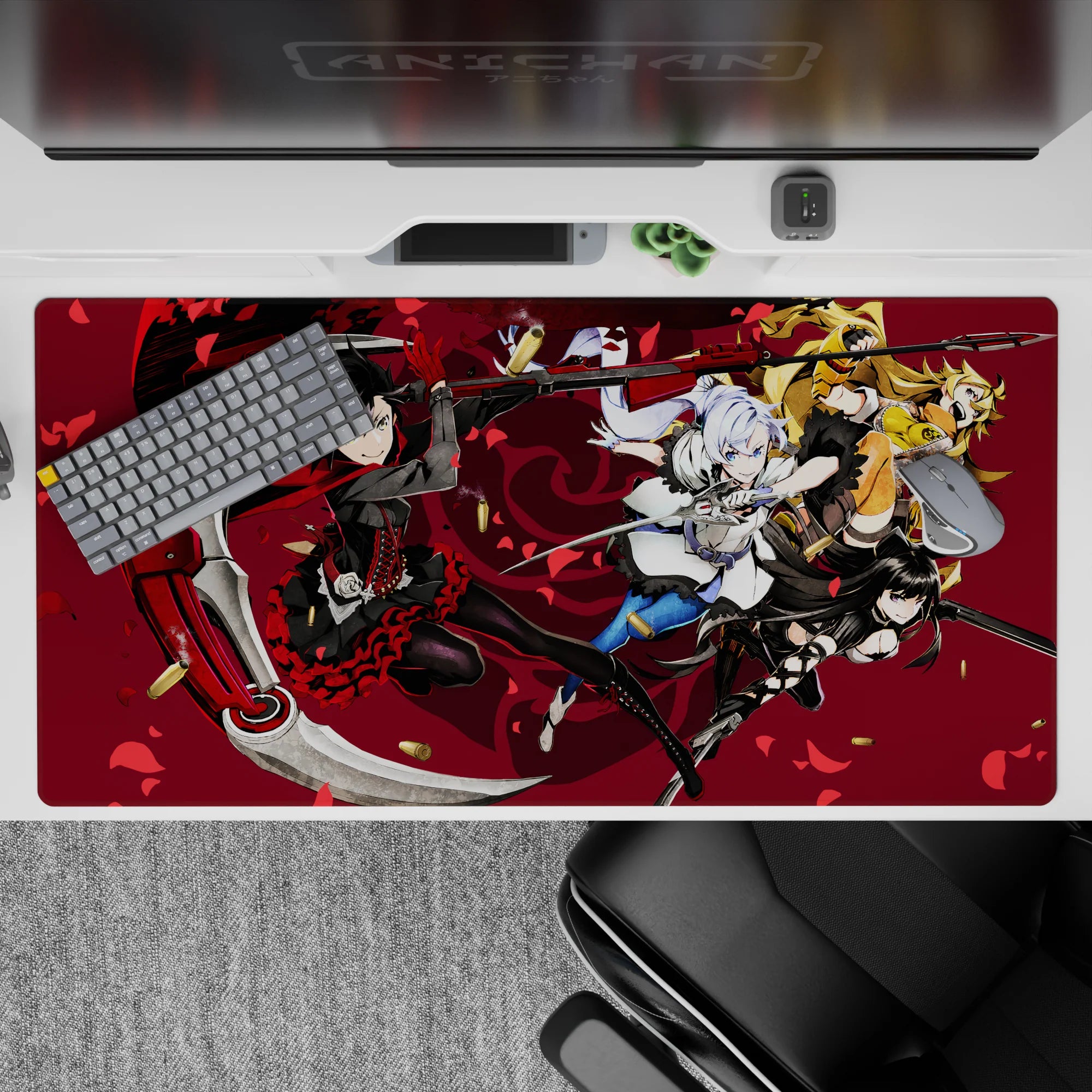 Black-and-red anime desk pad 40x20 inches, bold crimson petals, fast action vibe with shell casings.