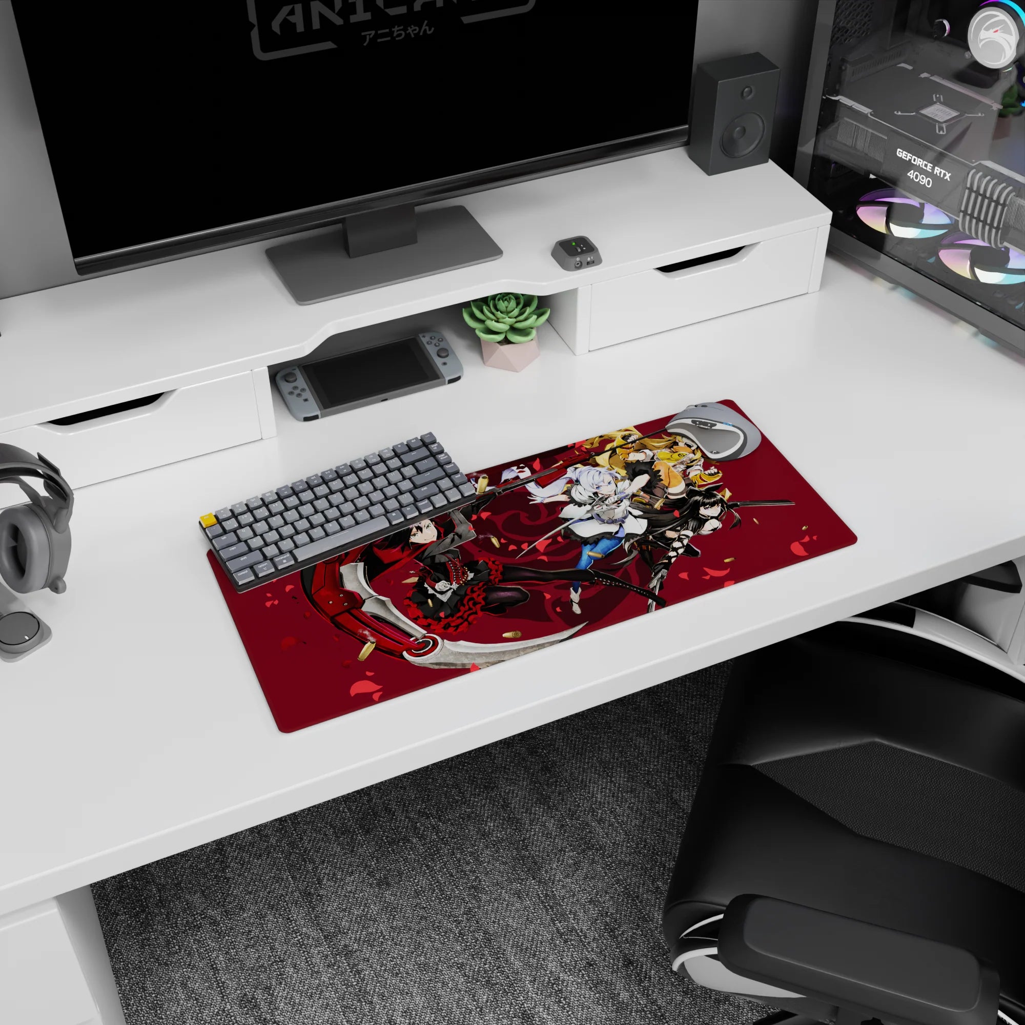 28x12 inches anime girl mouse pad featuring scythe girl in black-red frills with three fighters diving in.
