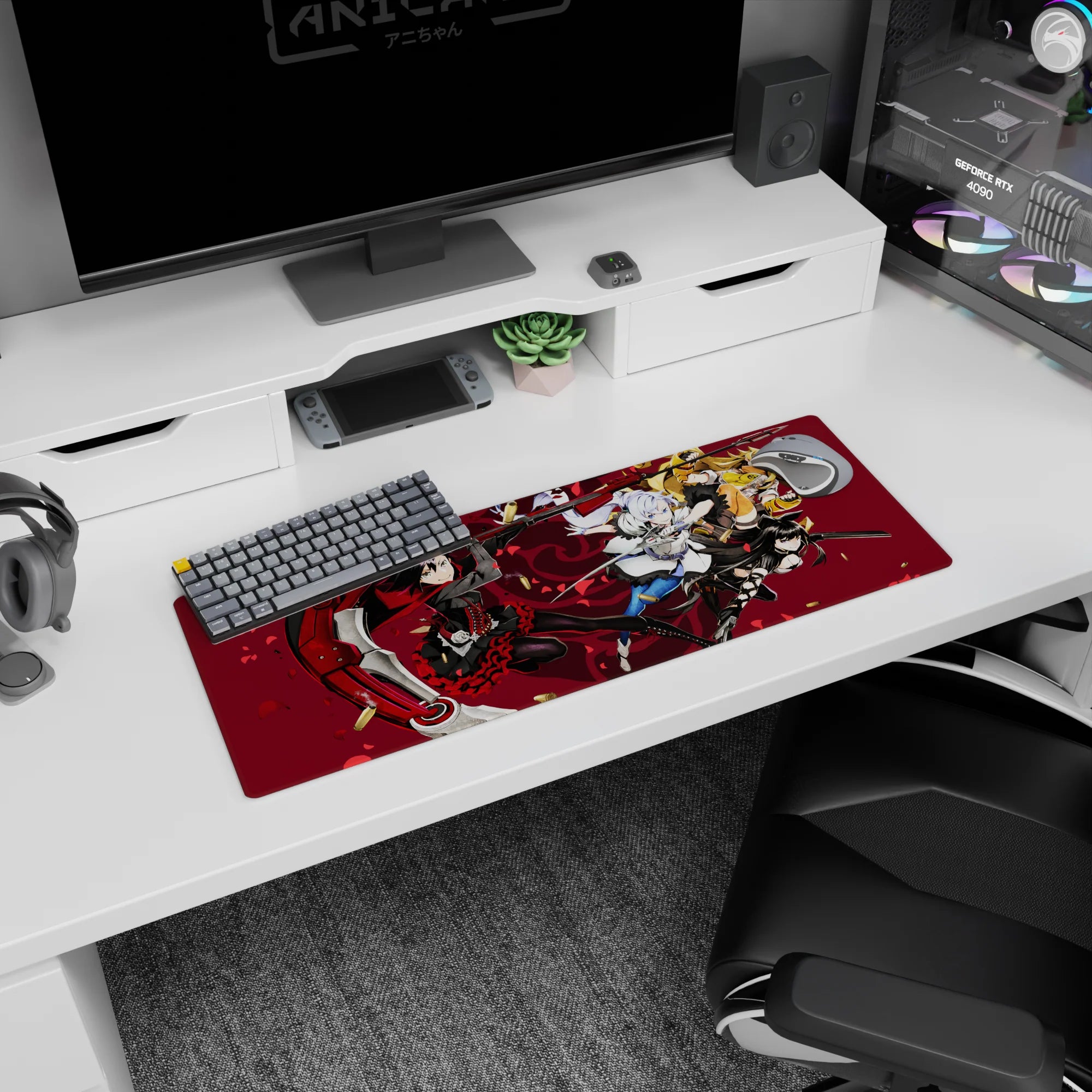 32x12 inches anime girl mouse pad showing scythe wielder and blue-white fighter mid-strike with casings.