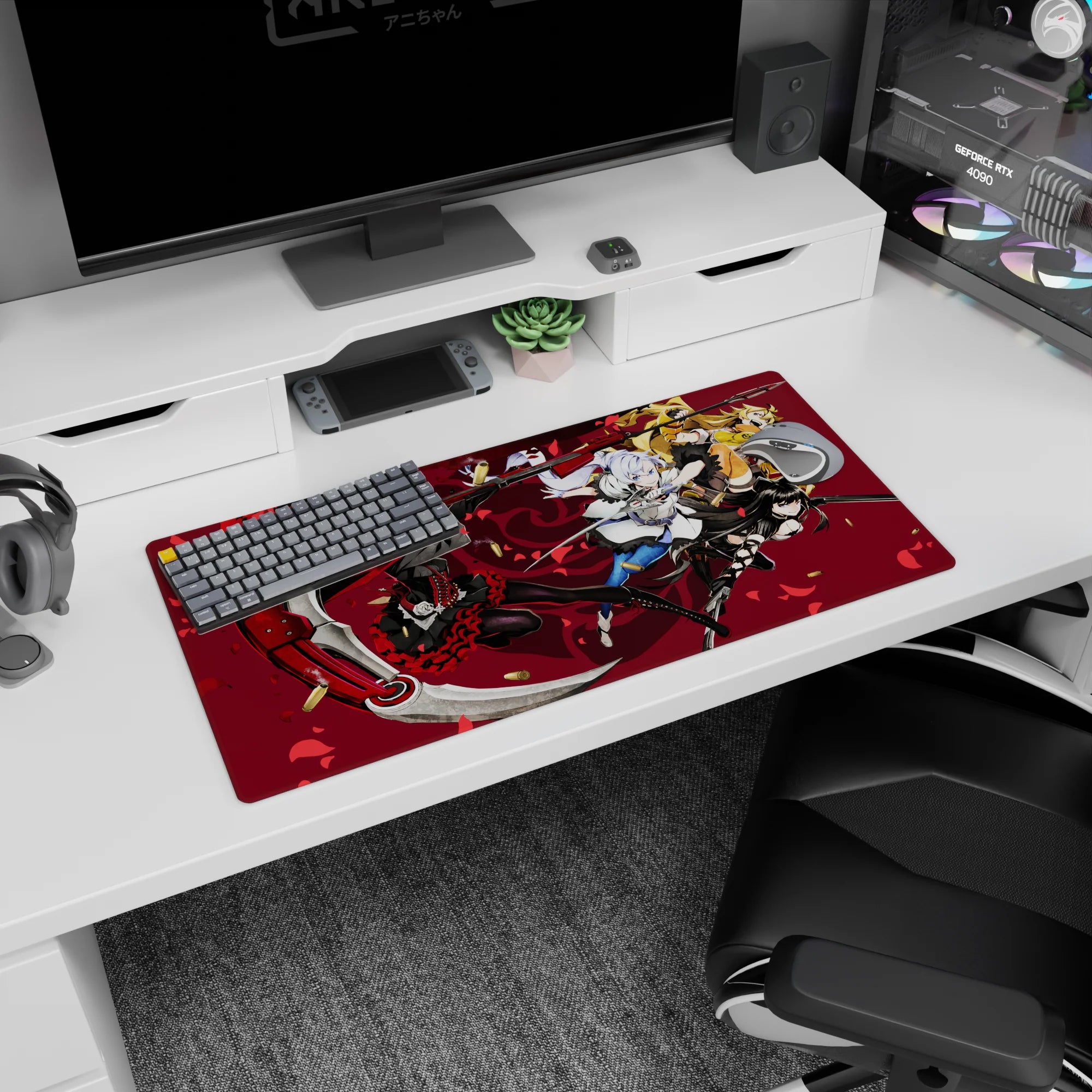 32x16 inches anime girl mouse pad featuring a scythe-wielding frill-dress fighter mid-strike with shell casings.