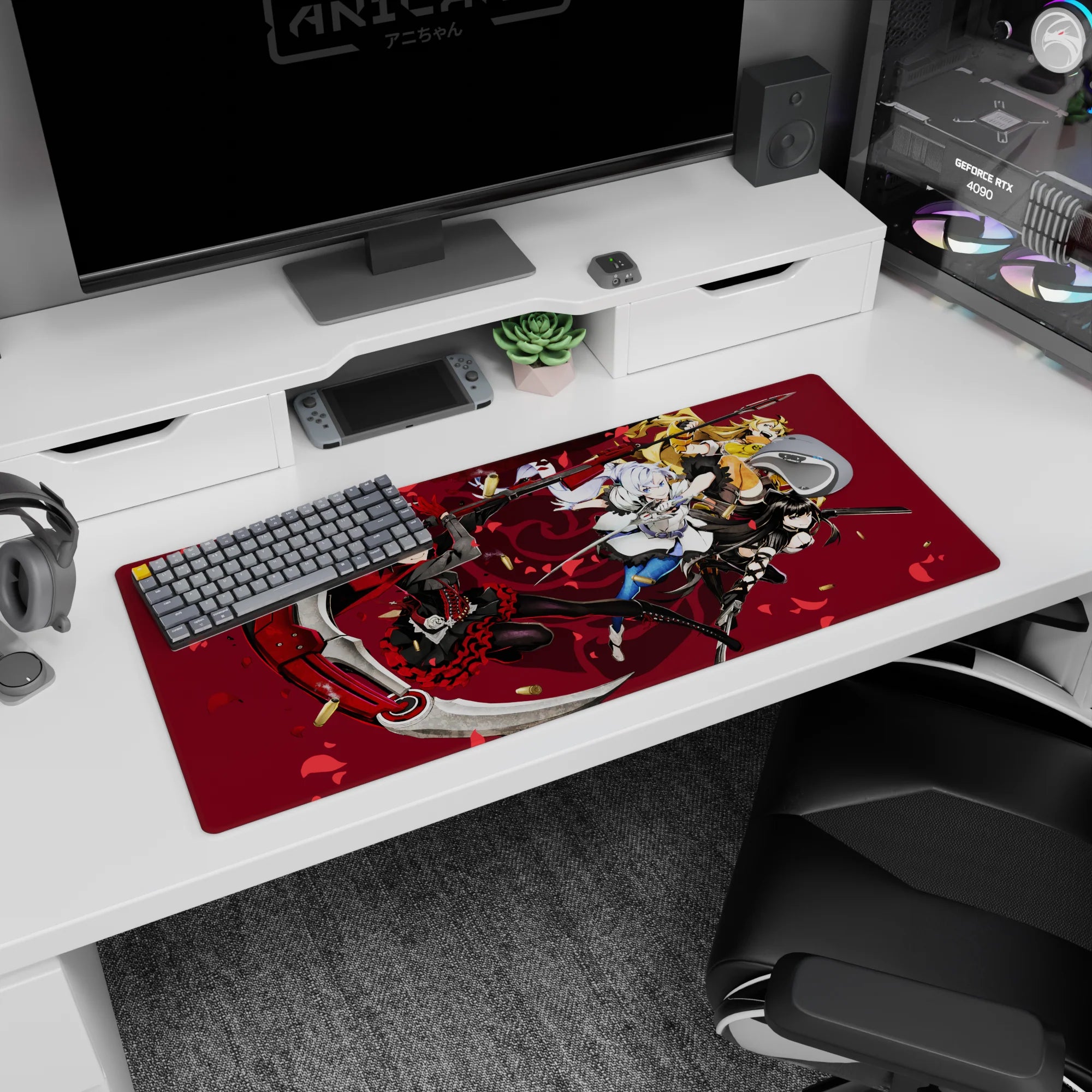 36x16 inches anime girl mouse pad featuring frill-dress scythe wielder leading three fighters in motion.
