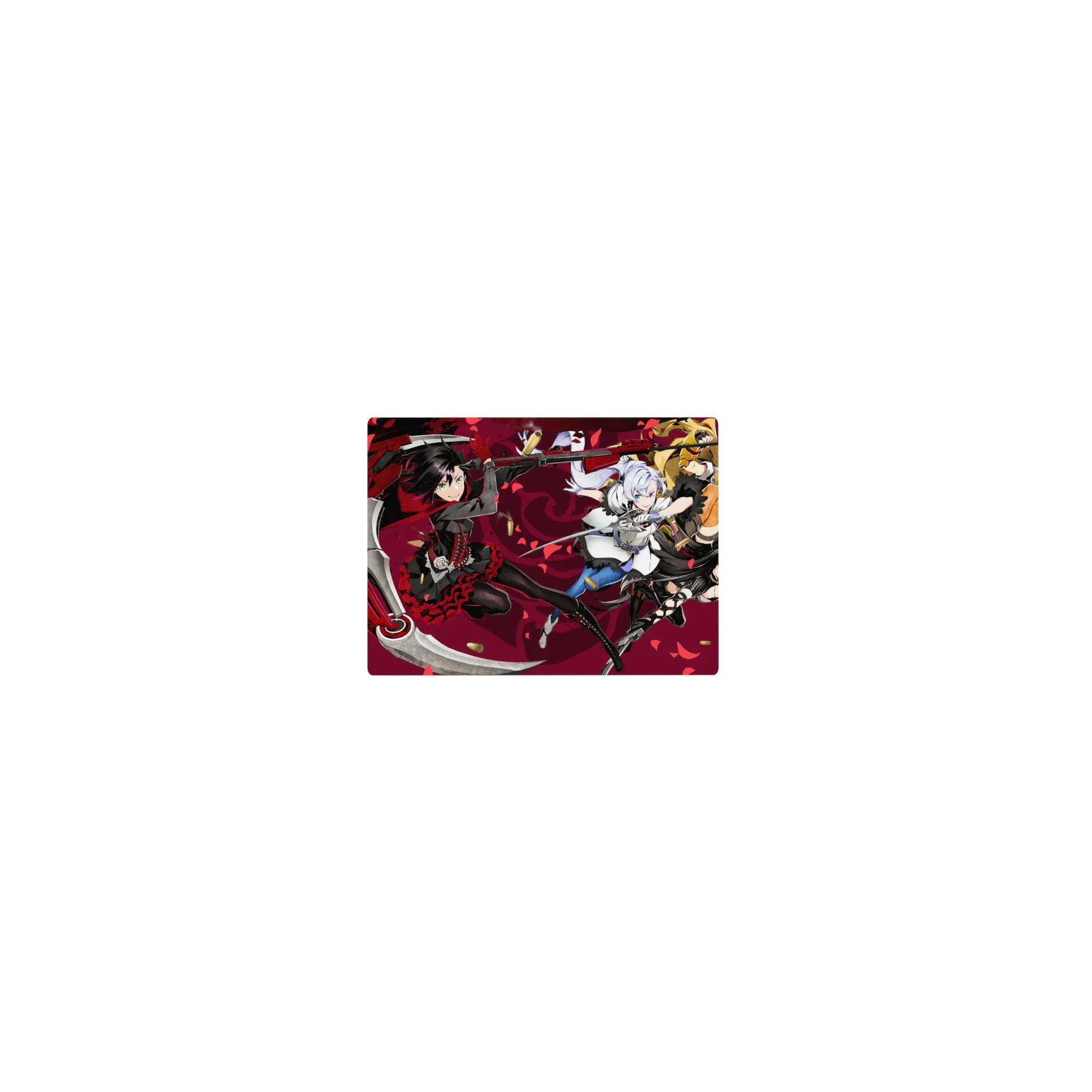 Classic anime girl mouse pad 14x10 inches with four heroines mid-strike on a wine backdrop with petals.