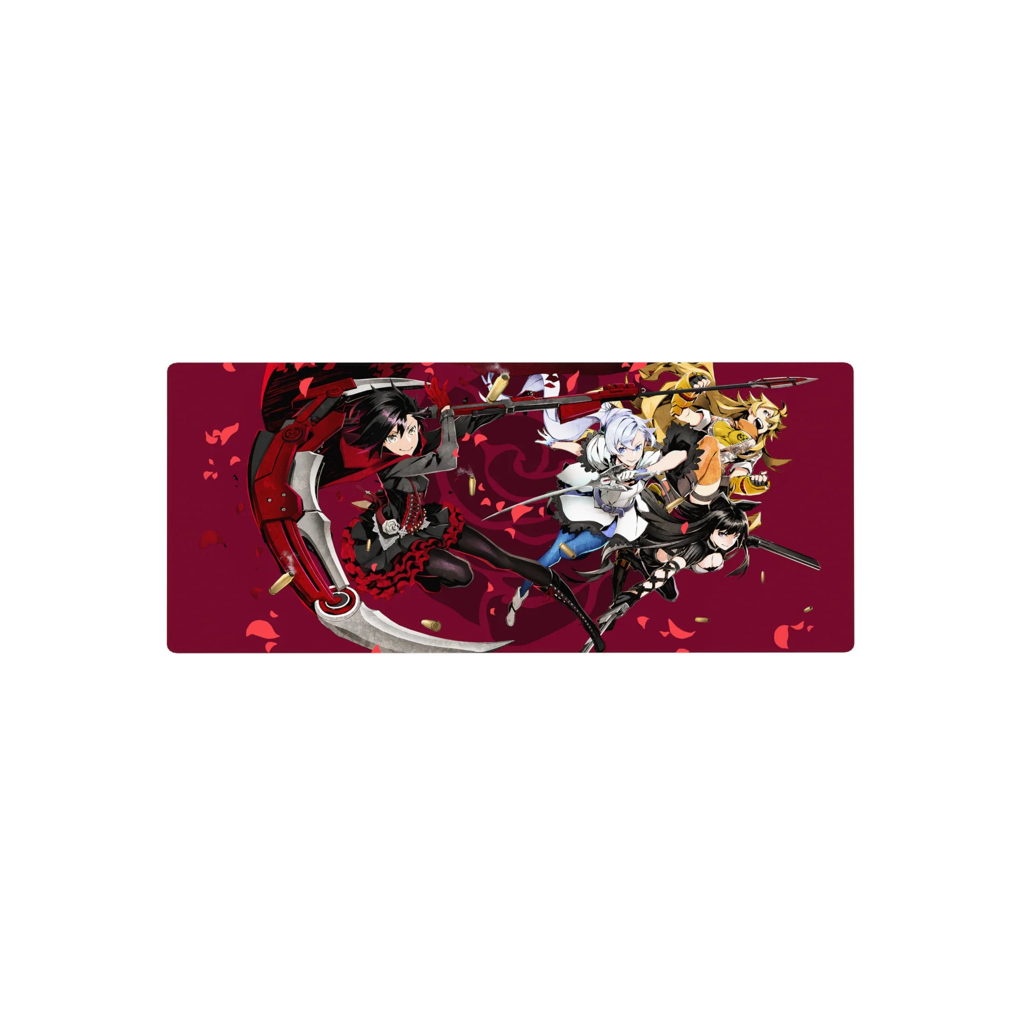 28x12 inches anime girl mouse pad with four heroines mid-strike on a wine-red petal storm background.
