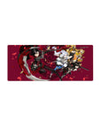 28x12 inches anime girl mouse pad with four heroines mid-strike on a wine-red petal storm background.