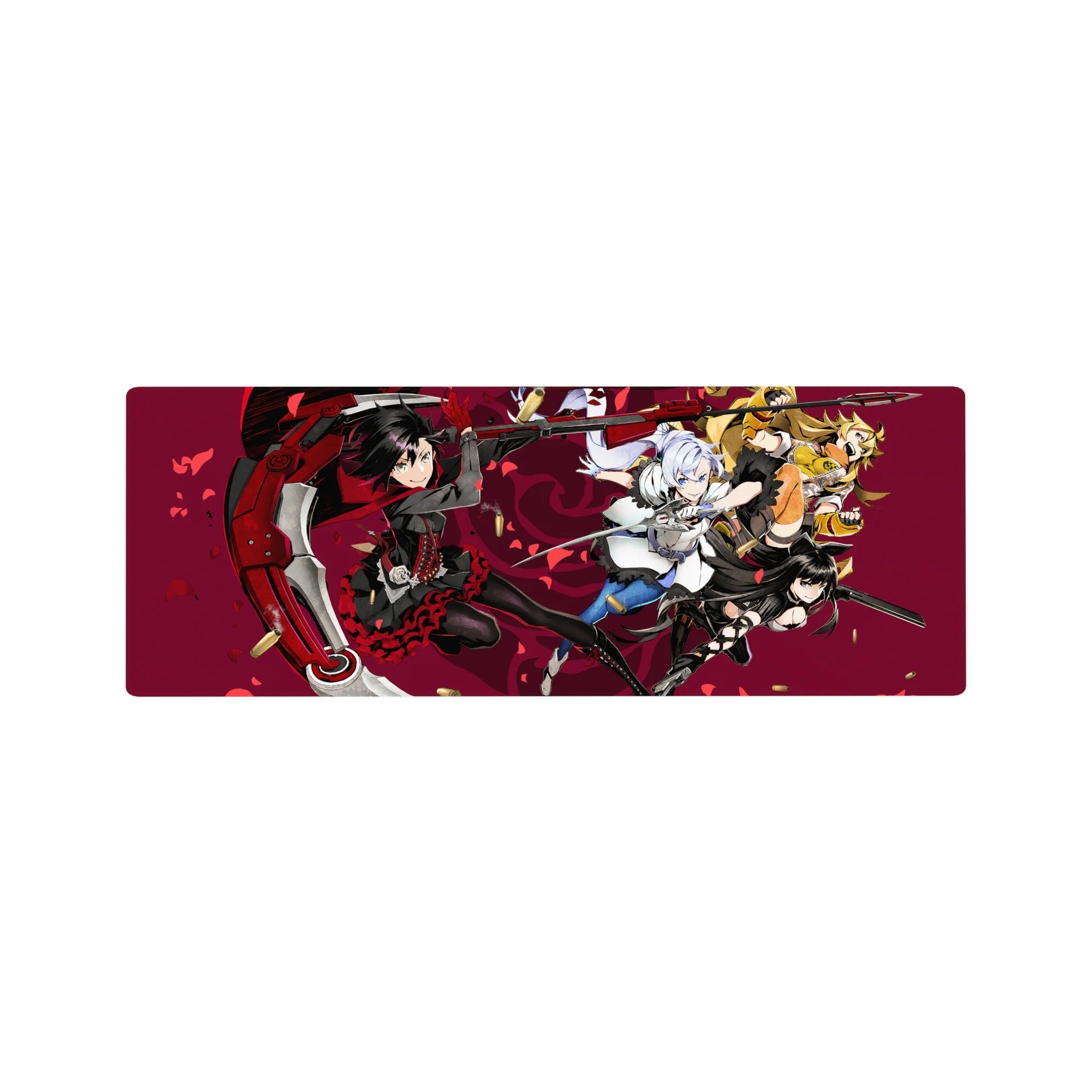 32x12 inches anime girl mouse pad with four heroines in action on a wine-red petal backdrop.