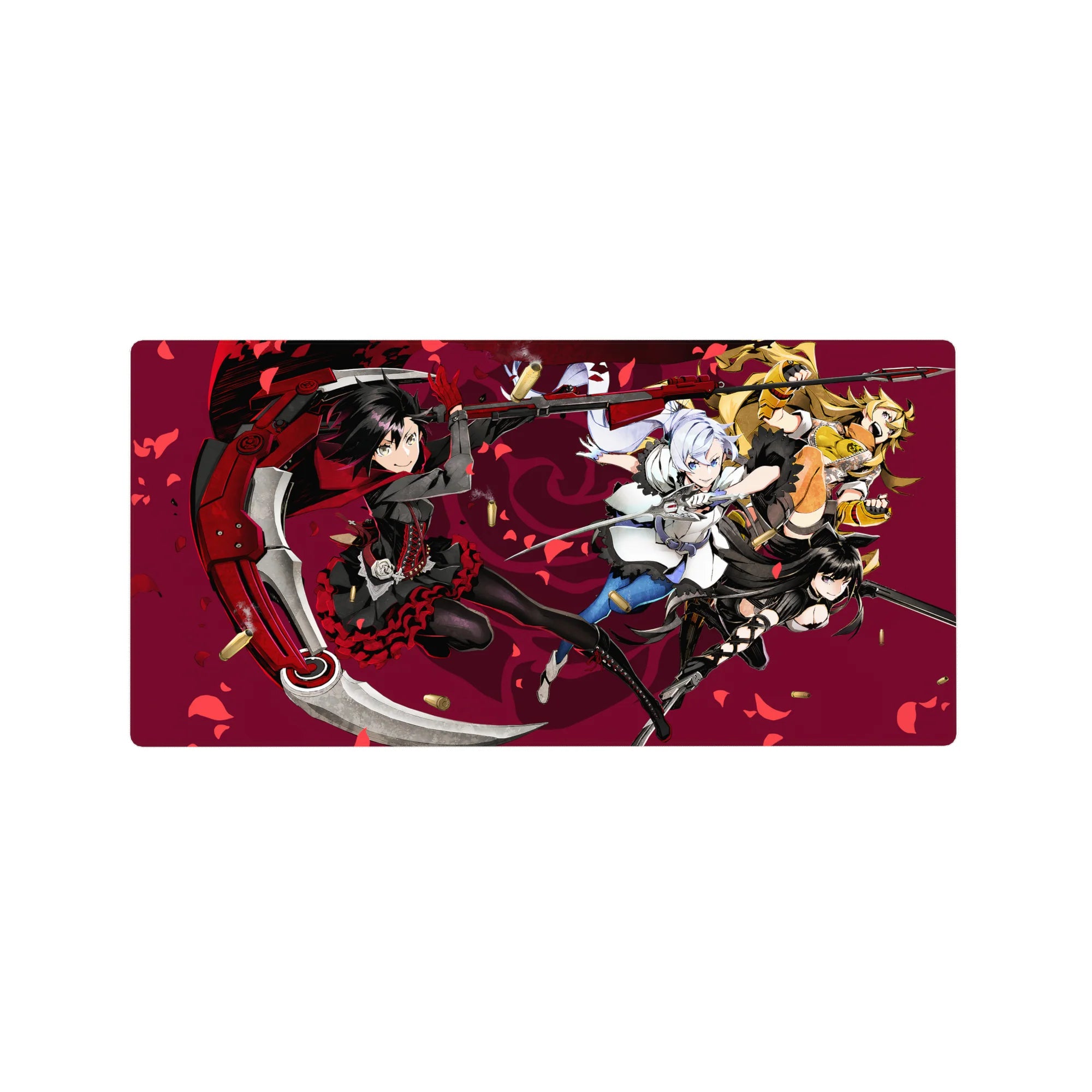 32x16 inches anime girl mouse pad with four heroines in action over crimson petals on a wine-red backdrop.