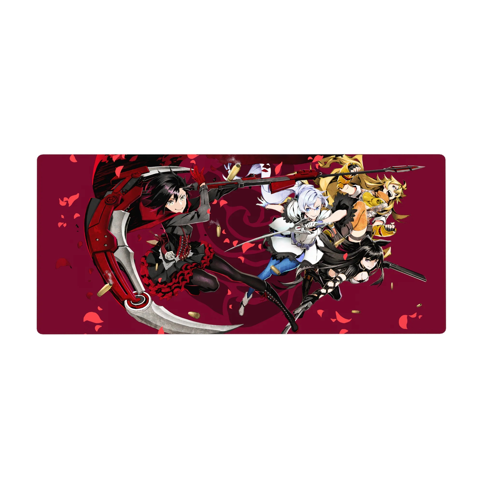 36x16 inches anime girl desk pad with four heroines mid-strike, scythe and swords over wine backdrop.