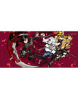 36x16 inches anime girl desk pad with four heroines mid-strike, scythe and swords over wine backdrop.
