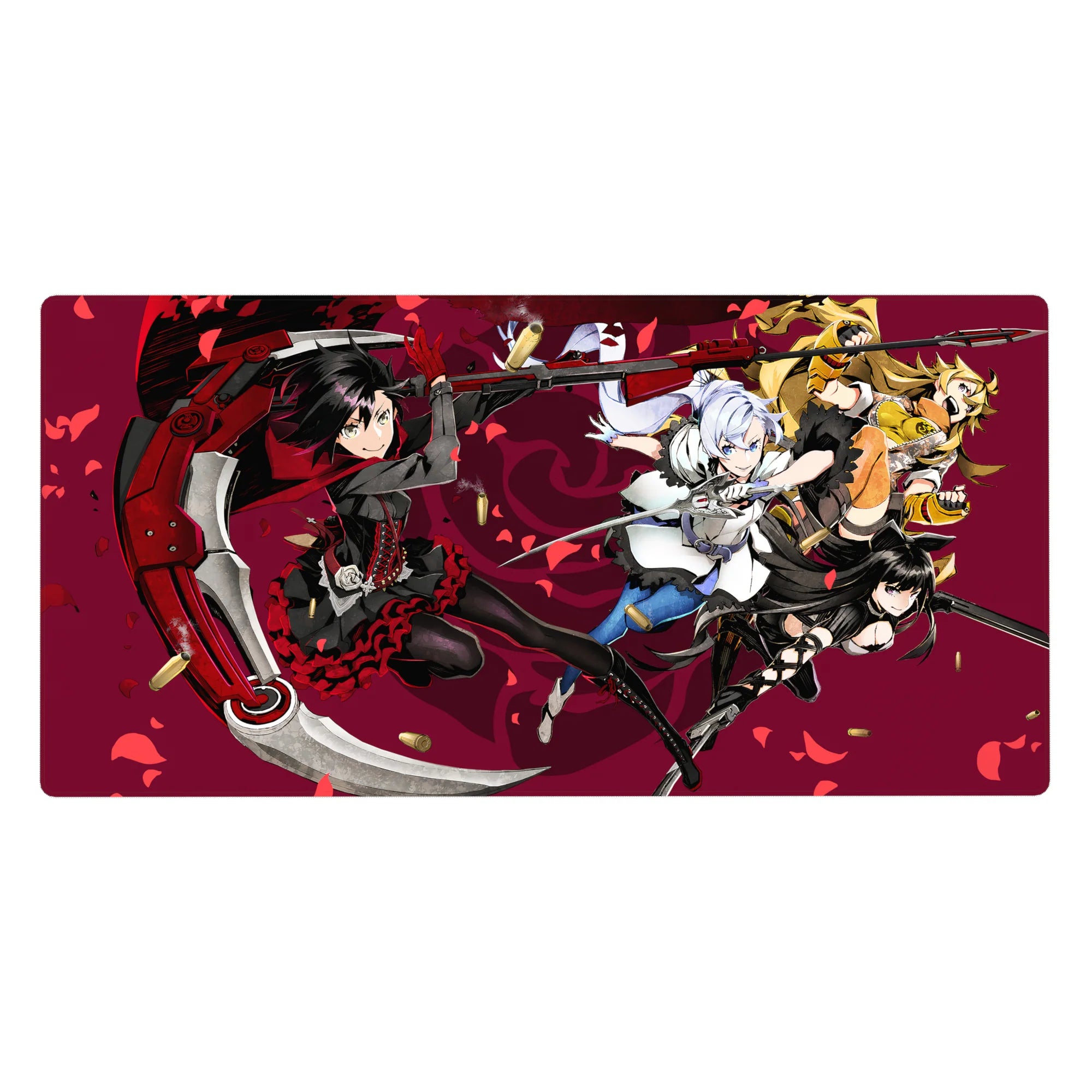 Anime girl desk pad 40x20 inches with four heroines mid-strike over a deep wine backdrop and petals.