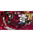 Anime girl desk pad 40x20 inches with four heroines mid-strike over a deep wine backdrop and petals.