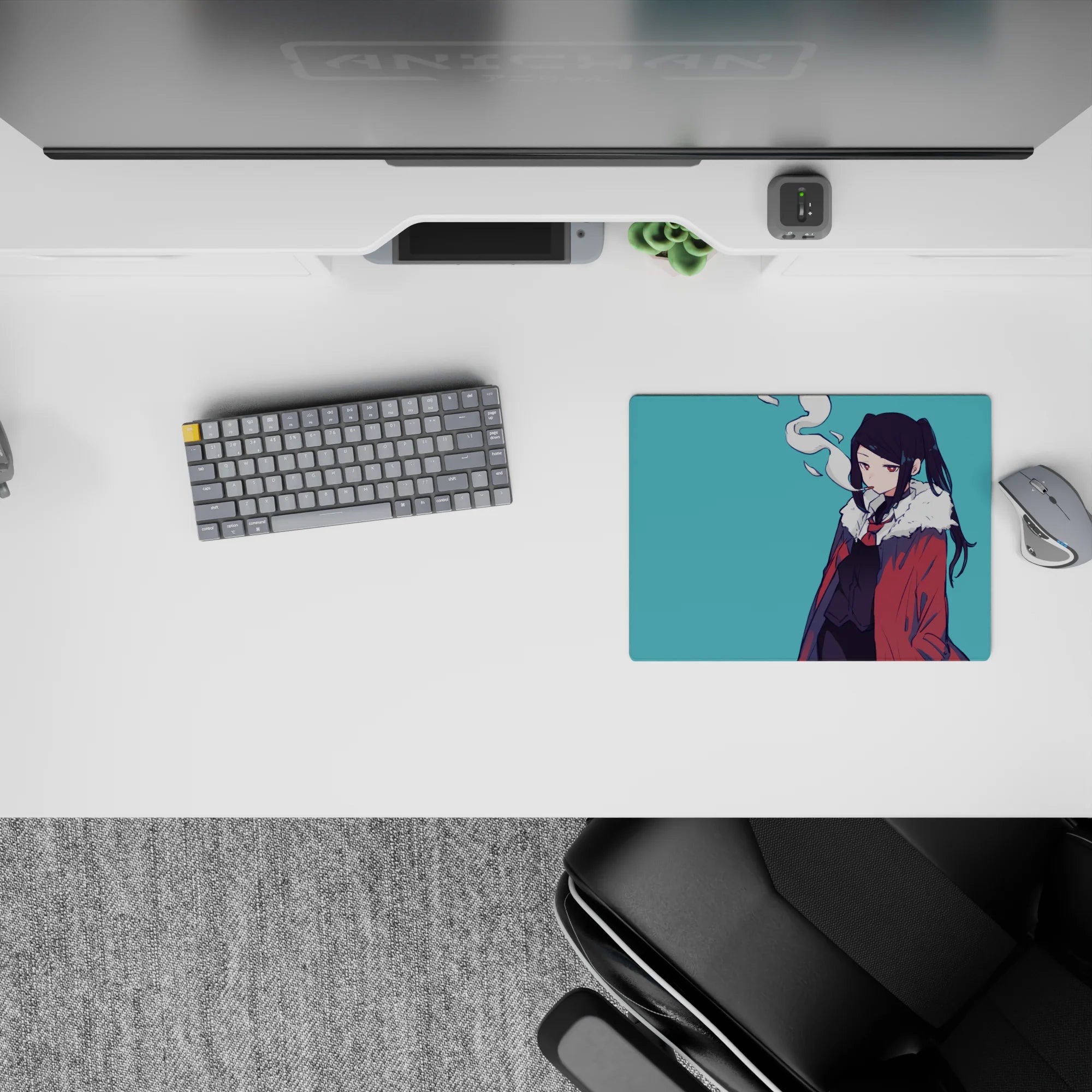 Teal-toned anime girl mouse pad 14x10 inches with moody half-lidded gaze, clean shading, and smoke curl.