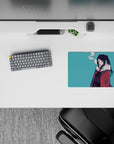 Teal-toned anime girl mouse pad 14x10 inches with moody half-lidded gaze, clean shading, and smoke curl.