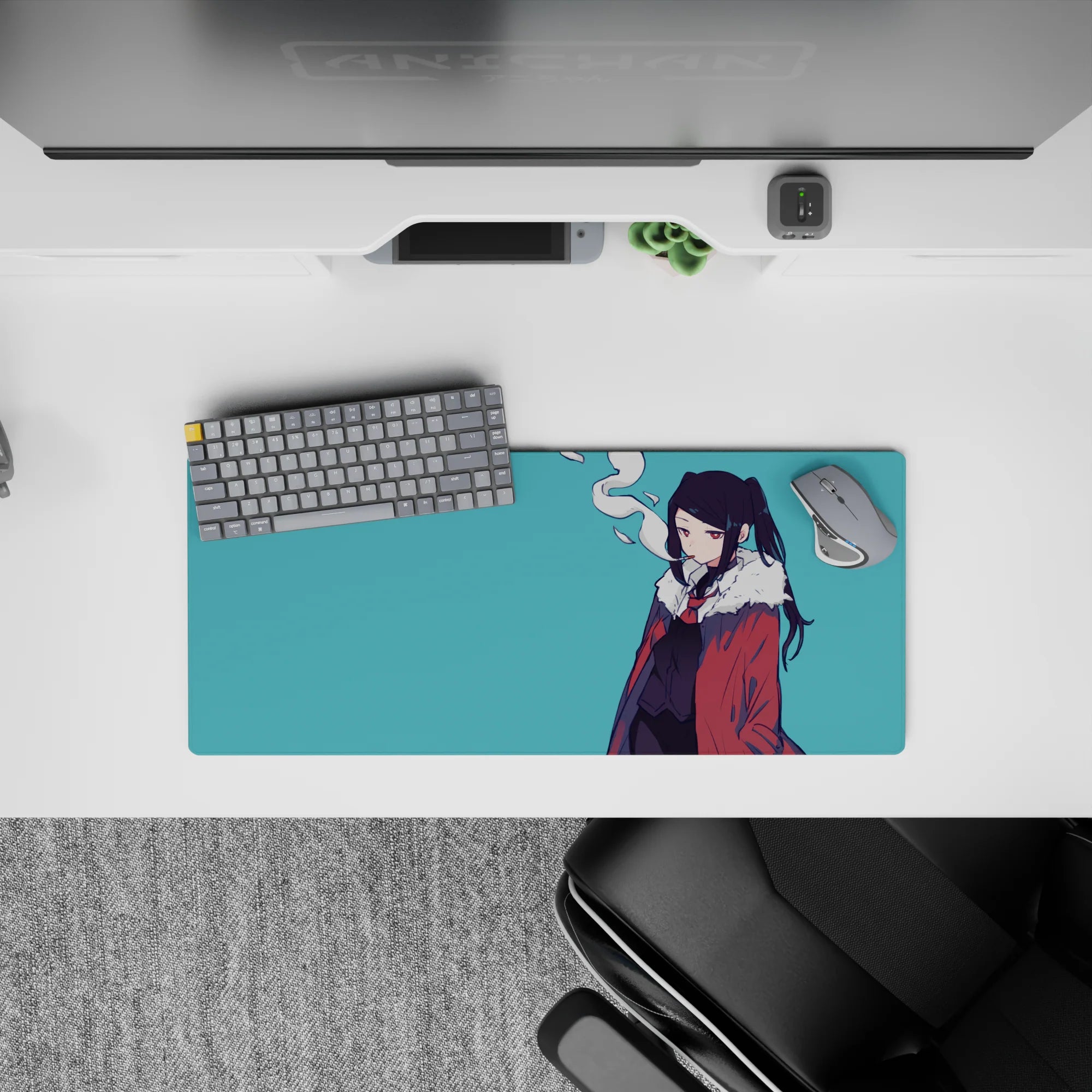Moody teal anime desk mouse pad 28x12 inches with red accents, calm half-lidded vibe and smoke curl.
