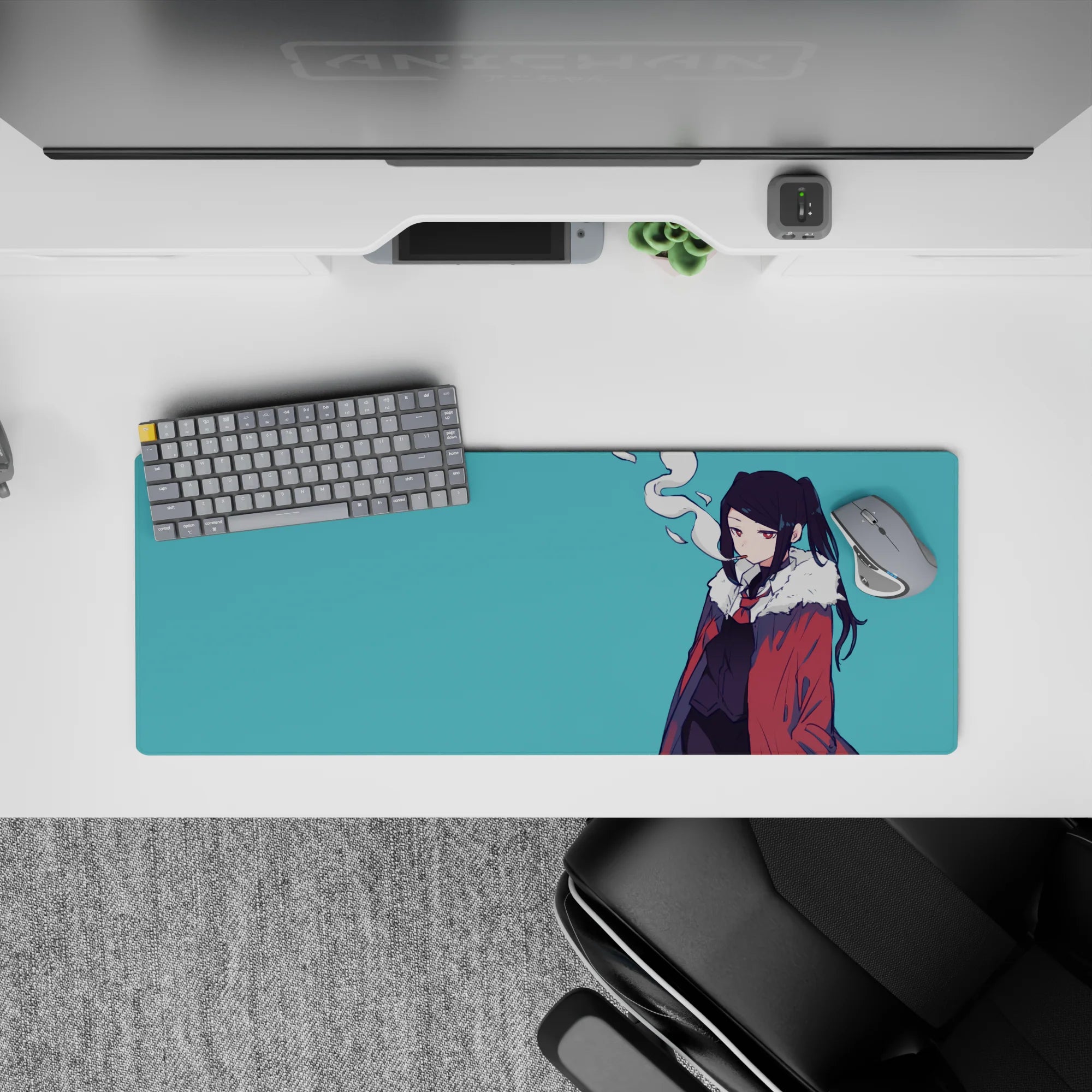 32x12 inches anime girl mouse pad in teal and red, moody half-lidded vibe with drifting smoke.