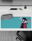 32x12 inches anime girl mouse pad in teal and red, moody half-lidded vibe with drifting smoke.