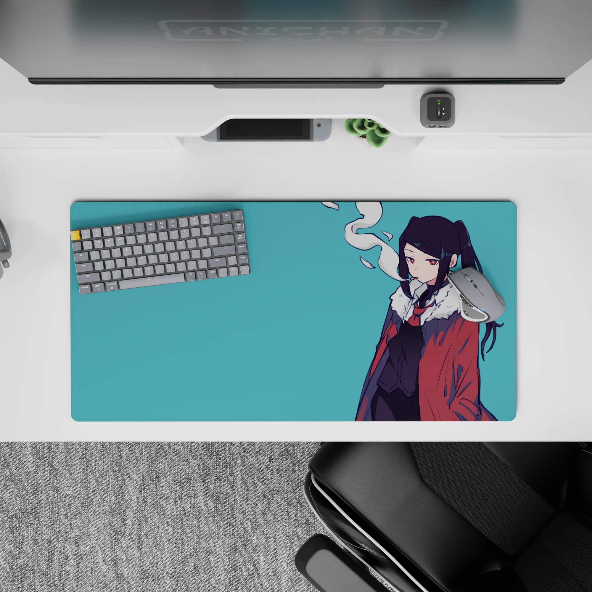 Moody teal and red anime desk mat mouse pad 32x16 inches with clean lines and smoky vibe.