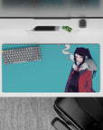 Moody teal and red anime desk mat mouse pad 32x16 inches with clean lines and smoky vibe.