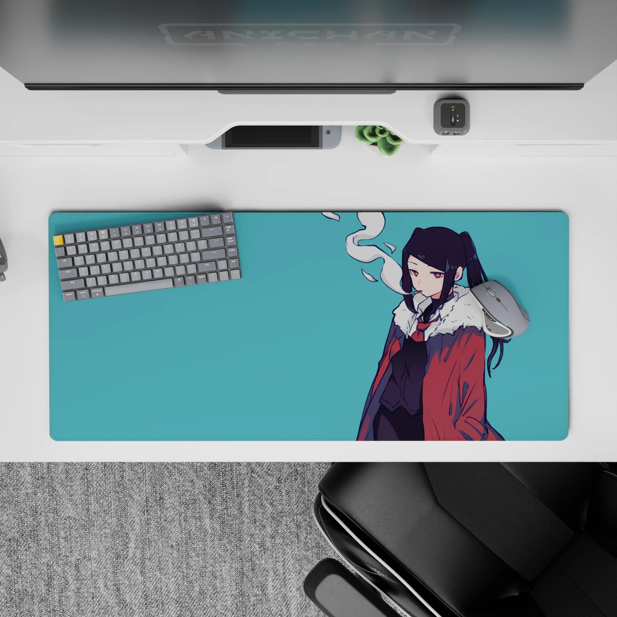 Moody teal-and-red anime girl desk pad 36x16 inches with calm vibes, minimal lines, smoky stare.