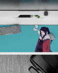 Moody teal-and-red anime girl desk pad 36x16 inches with calm vibes, minimal lines, smoky stare.