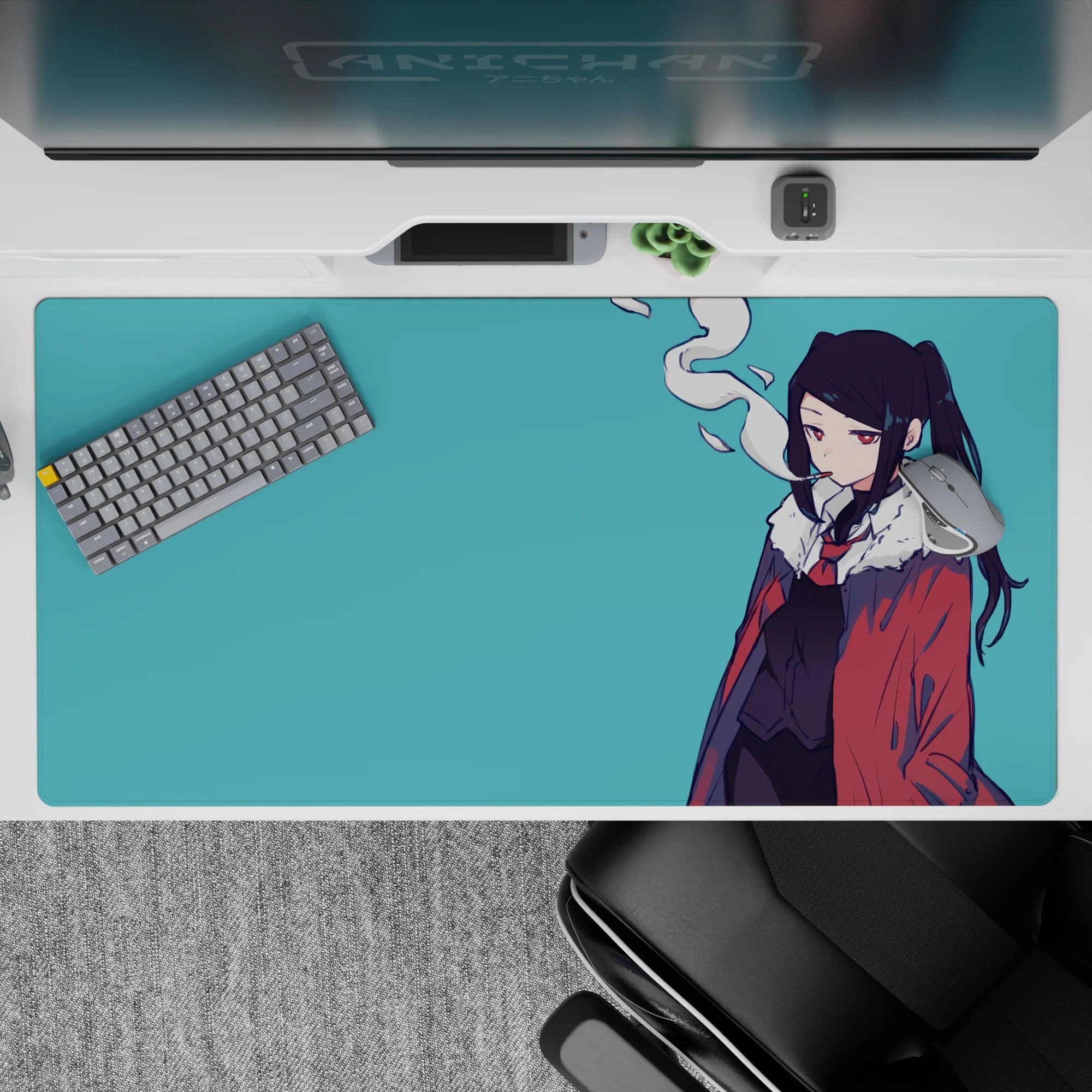Moody teal-and-red anime girl desk pad 40x20 inches with clean shading and cool smoky vibe.