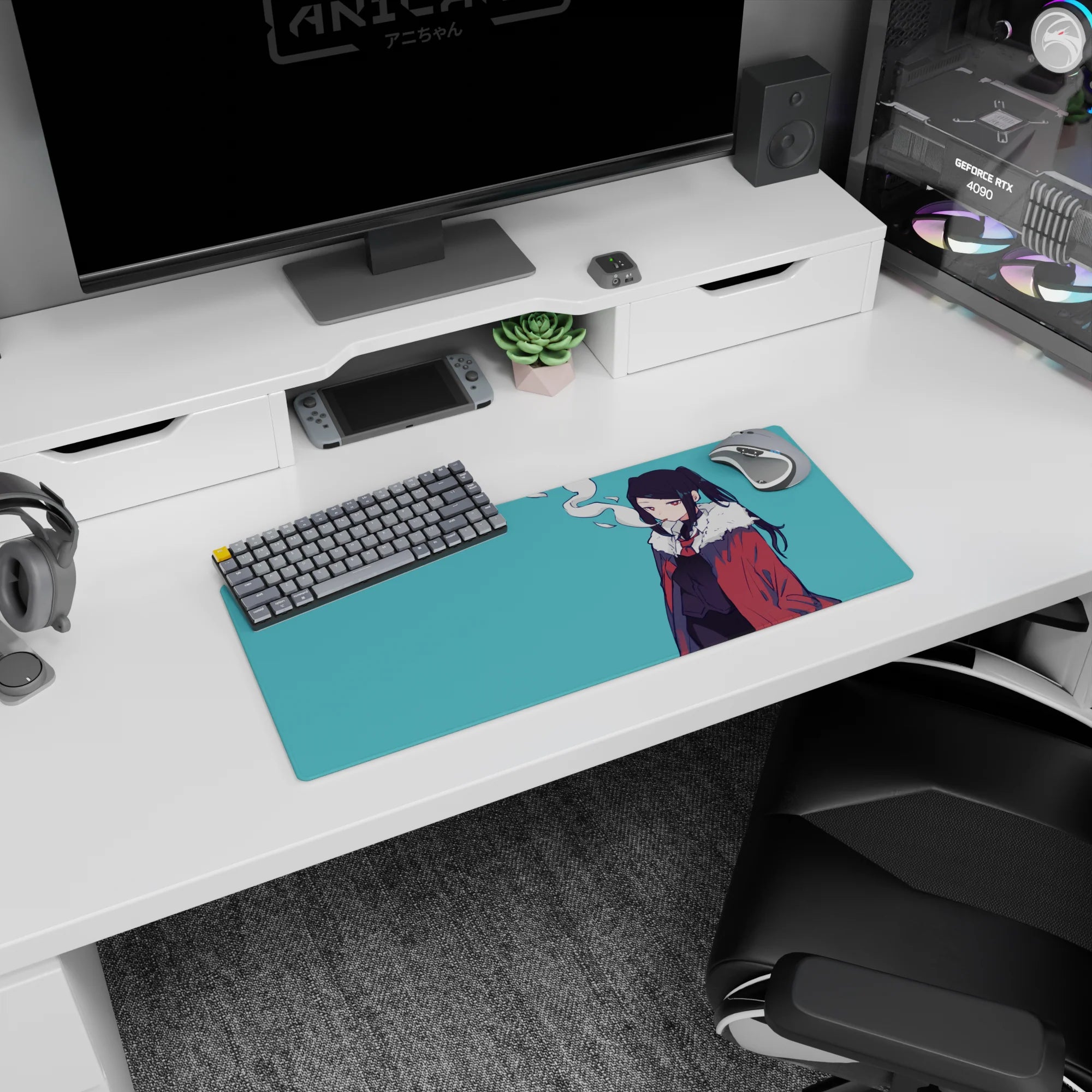 Half-lidded anime girl in red coat with drifting smoke on mouse pad 28x12 inches, teal backdrop.