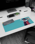 32x12 inches mouse pad featuring a cool anime girl staring ahead, smoke curl, red coat, white fur collar.