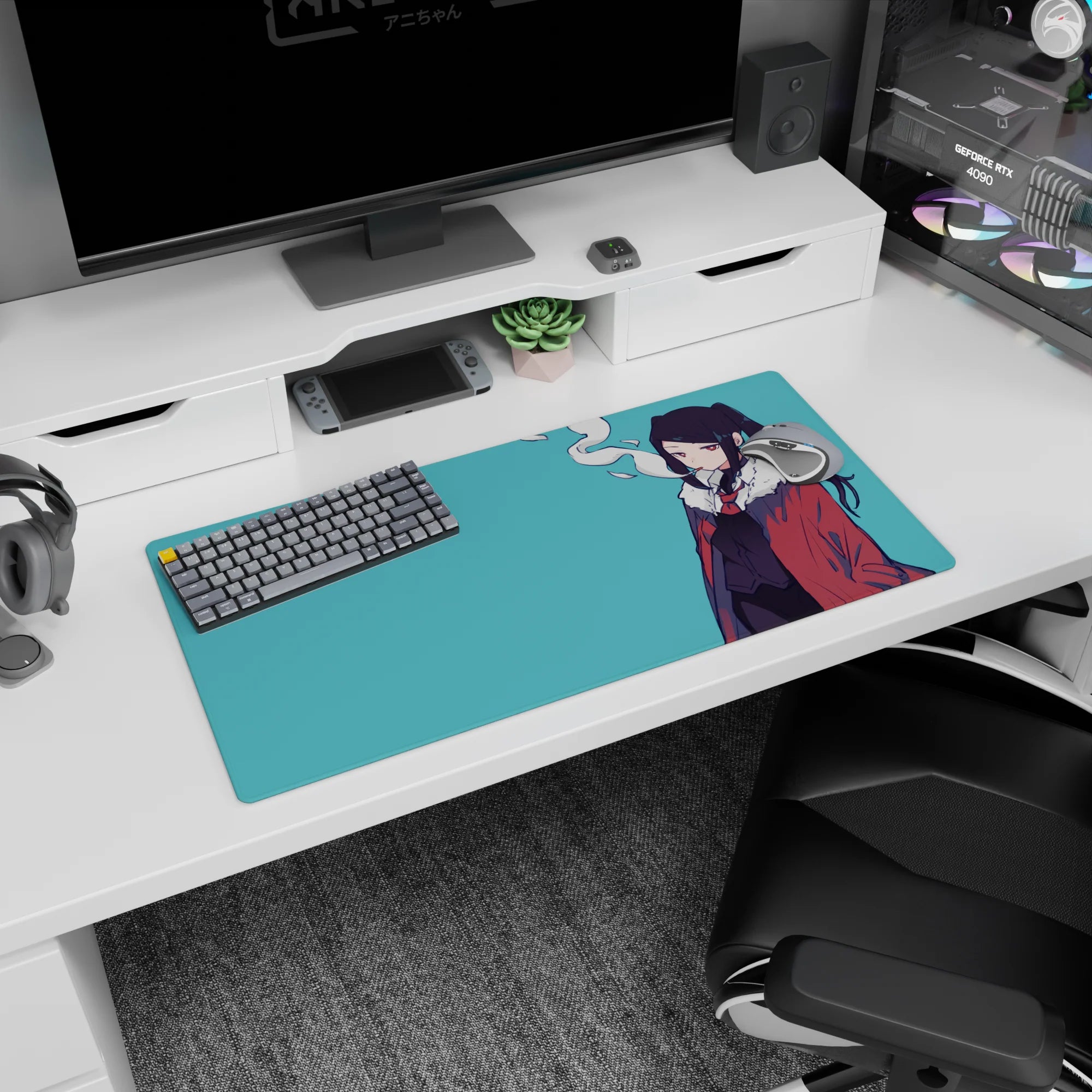 Half-lidded anime girl smoking on mouse pad 32x16 inches, red coat and white fur collar.