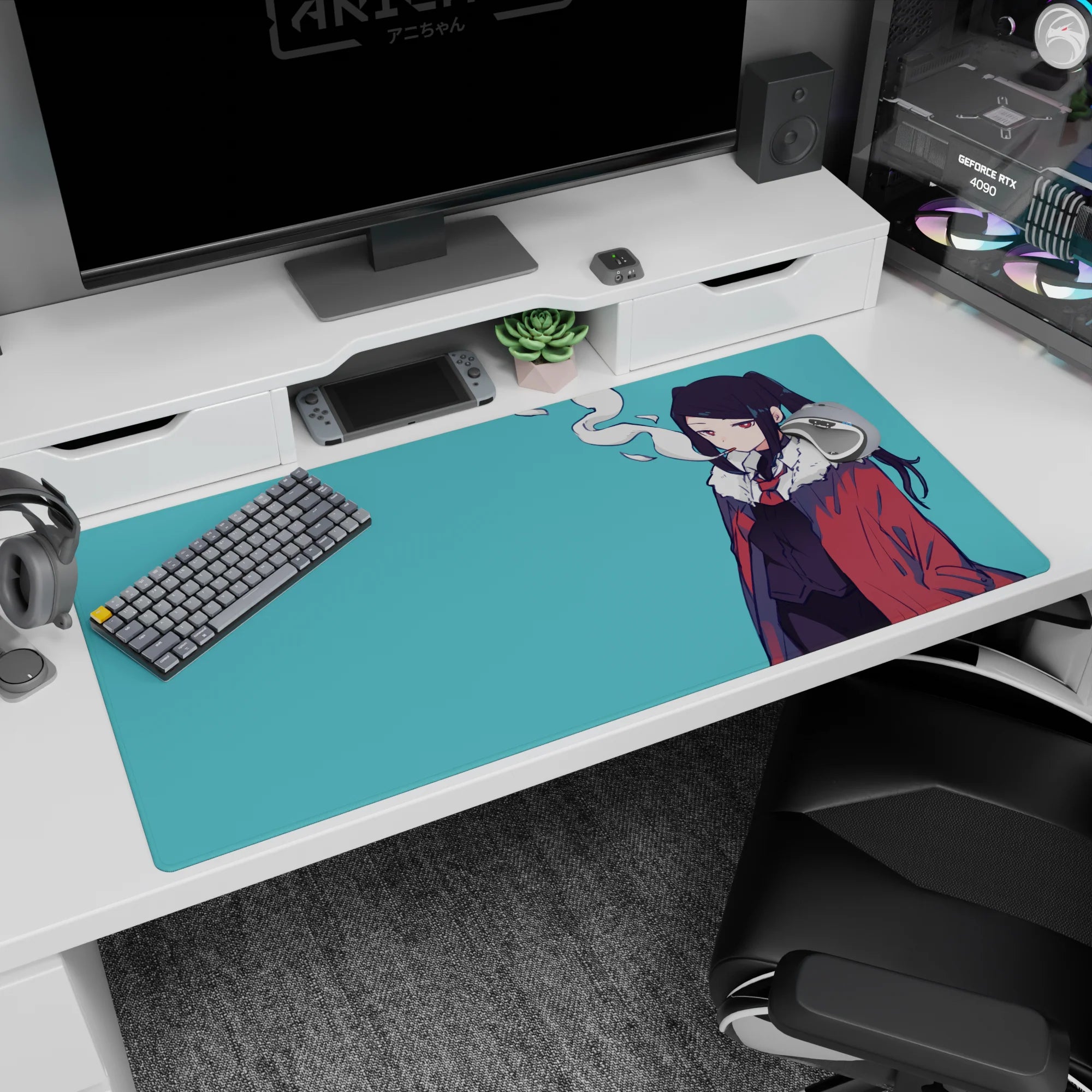 Half-lidded anime girl smoking in a red coat desk pad 40x20 inches, minimalist lines.
